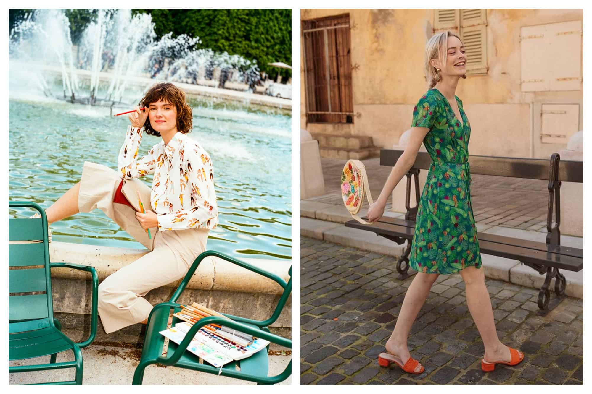 A woman sits on the edge of the fountain at Jardin des Tuileries in Paris wearing a printed cream shirt and beige trousers (left). A woman walks through the cobblestone streets of Paris wearing a deep green knee-length dress and orange open-toed mules (right). Both outfits are from one of our favorite fashion brands Soi Paris.