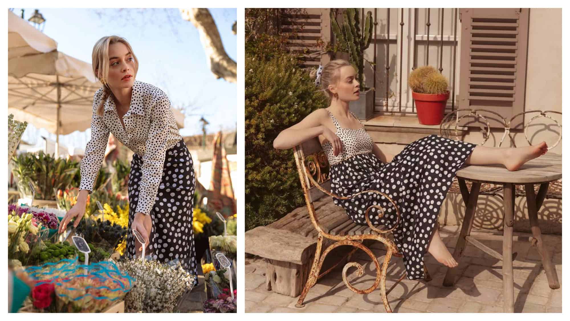 A woman wearing a polka dot white shirt and long polka dot skirt from influencer Jeanne Damas' French fashion brand Rouje, bending down to look at flowers at a market in Paris (left). The same woman wearing a white polka dot vest and long black polka dot skirt, sitting on an old wooden bench in the courtyard outside her apartment in Paris.