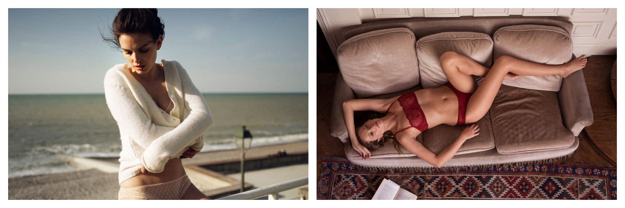 A woman about to take off a cozy  cross-over cream cardigan as she sits on the beach (left). A woman wearing latch red underwear, lying on a couch, by French fashion brand Ysé (right).
