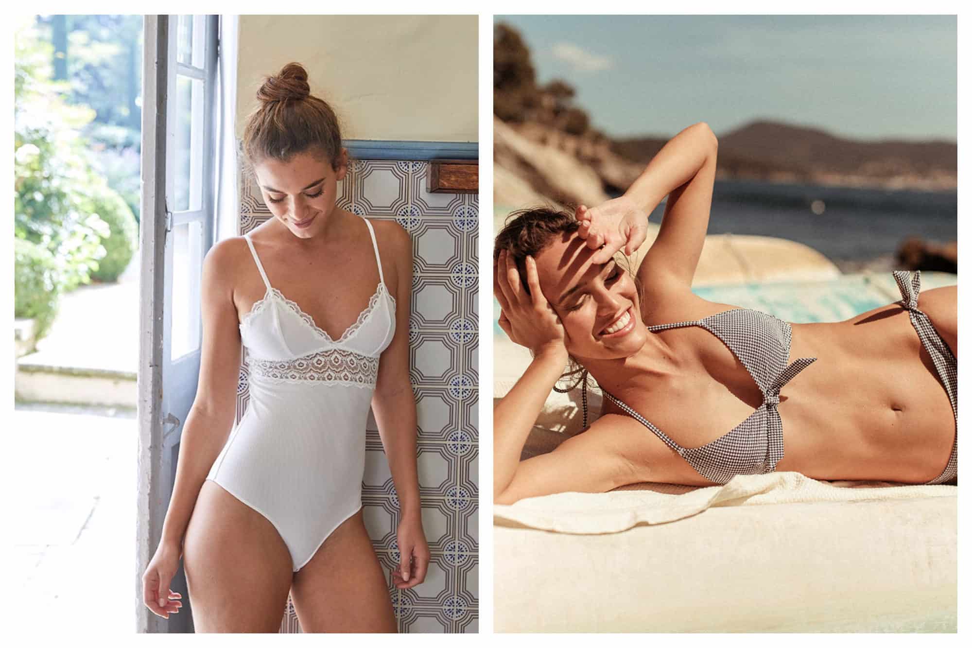 A woman wearing a white body by French fashion brand Ysé (left). A woman wearing an Ysé chequered retro swimsuit on a beach (right).