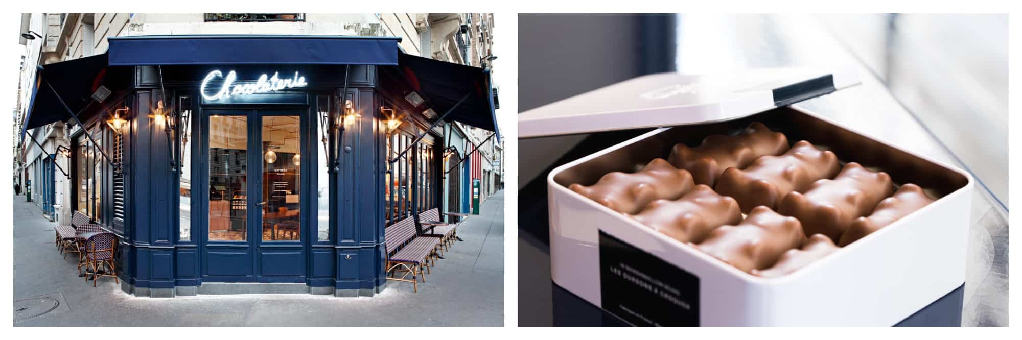 La Chocolaterie's blue exterior with neon sign in Paris 11 (left). Chocolate bears in a box (right).