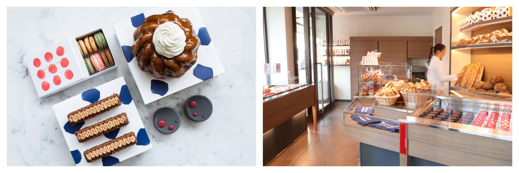 Dessert in designer boxes at La Pâtisserie in Paris 11 (left) and the cake counter (right).