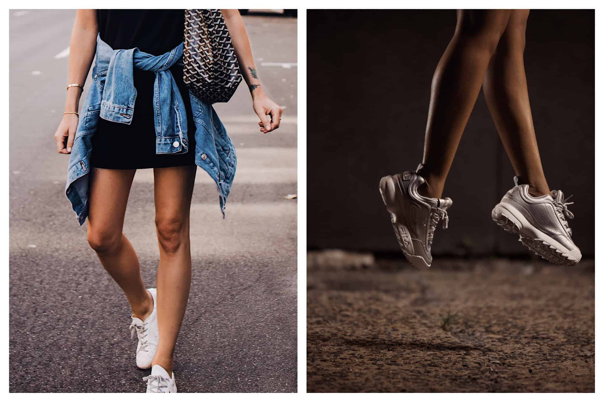 A woman in summer wearing a Goyard bag in Paris (left). A woman jumping up, only her legs and white 'dad shoe' trainers are visible (right).