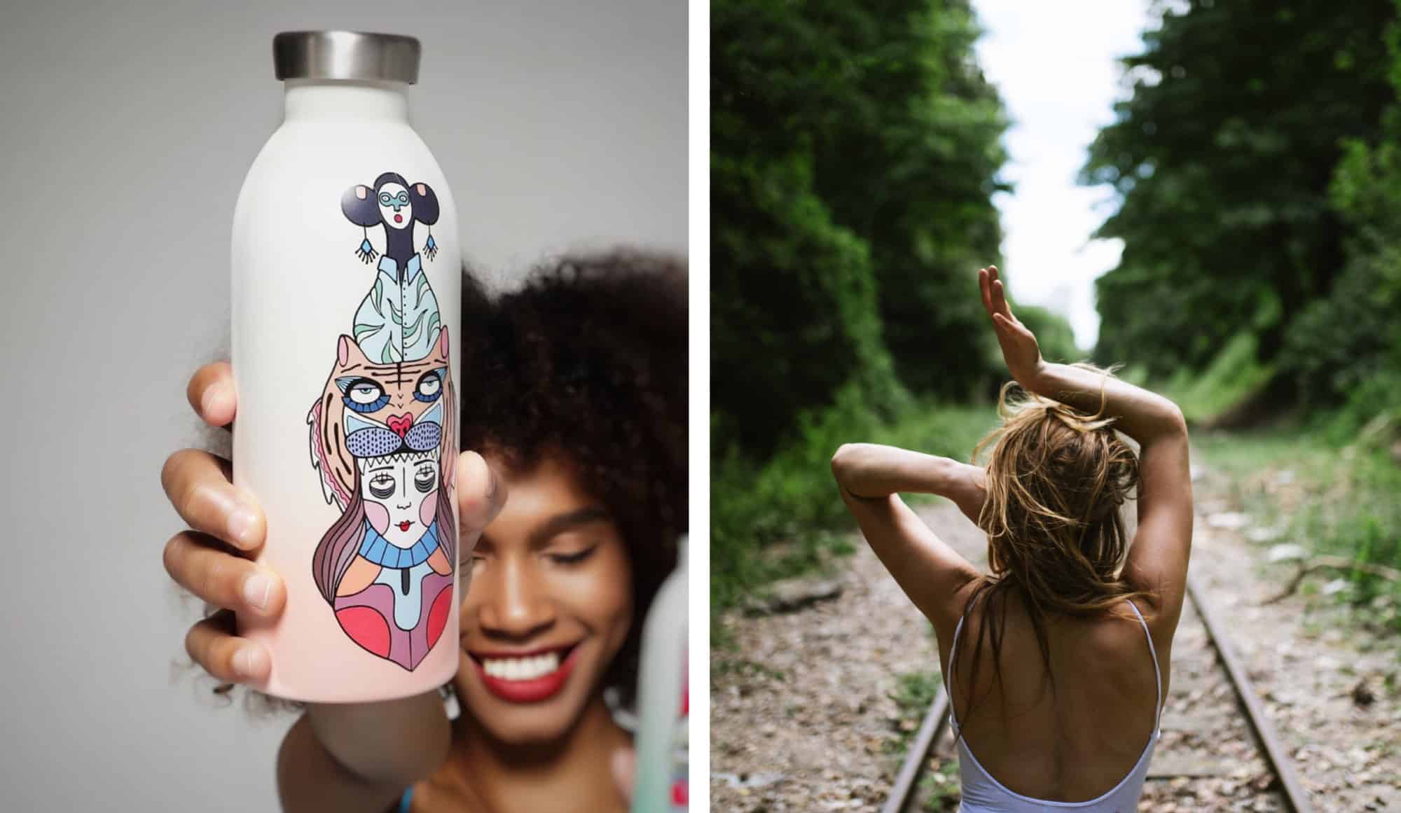 A custom designed water bottle by 24 Bottles for cutting own on plastic use, held up by influencer Elena Salmistraro (left). A young woman seen from the back feeling the heat of Parisian summer as she walks on the Petite Ceinture railway in Paris (right).
