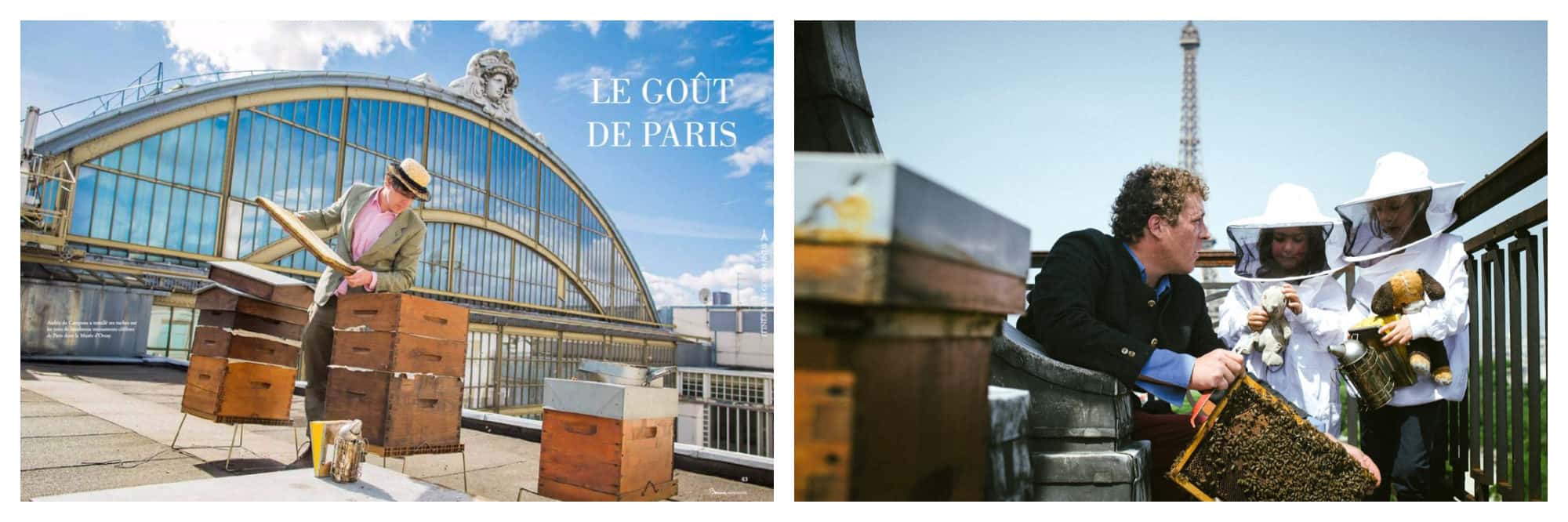 A man, dressed as though he were going to a boating party, checks his beehives on the Paris rooftops (left and right).
