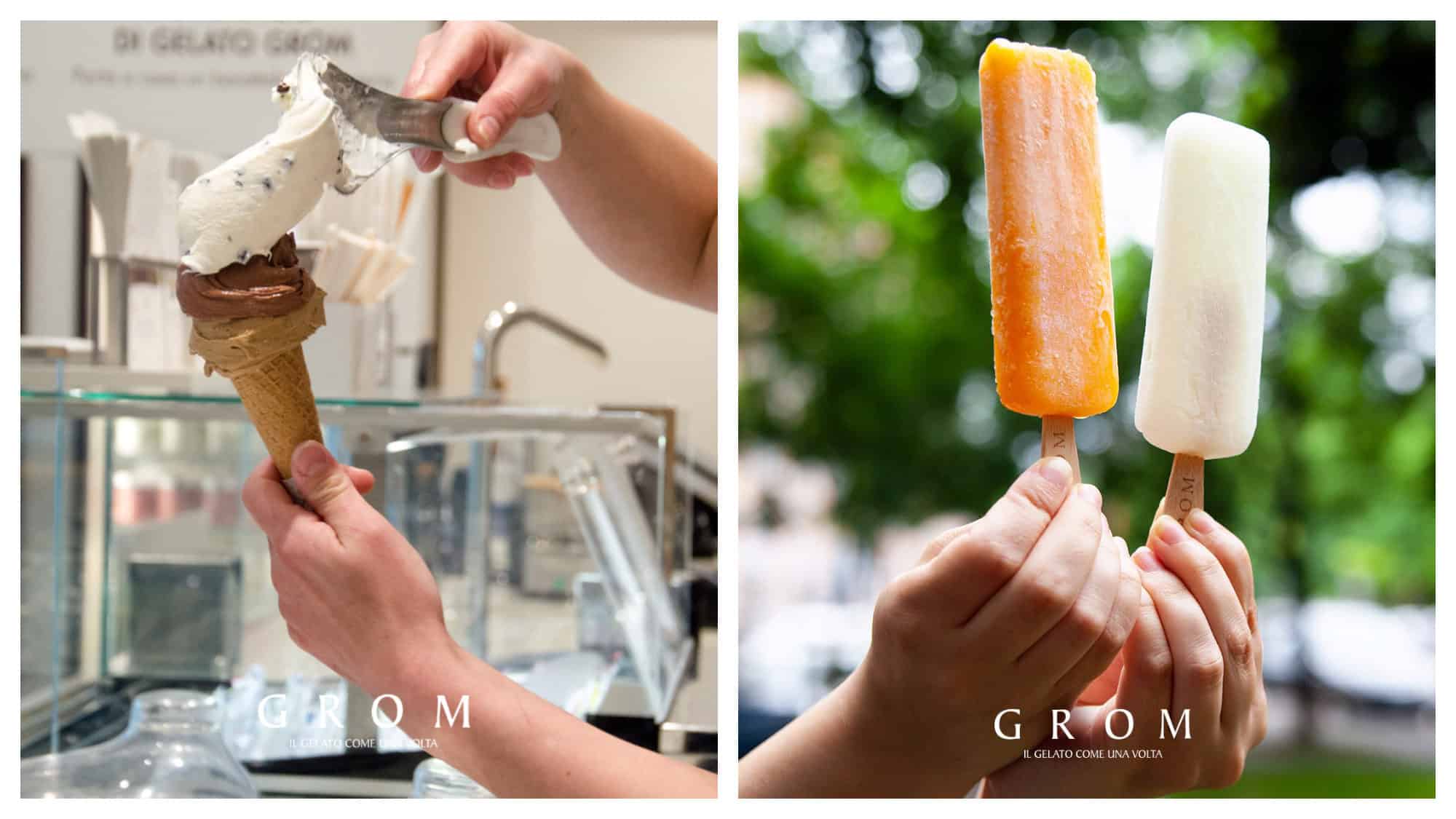 A cone ice cream being served up (left) and two ice lollies, one orange, one white (right) at GROM.