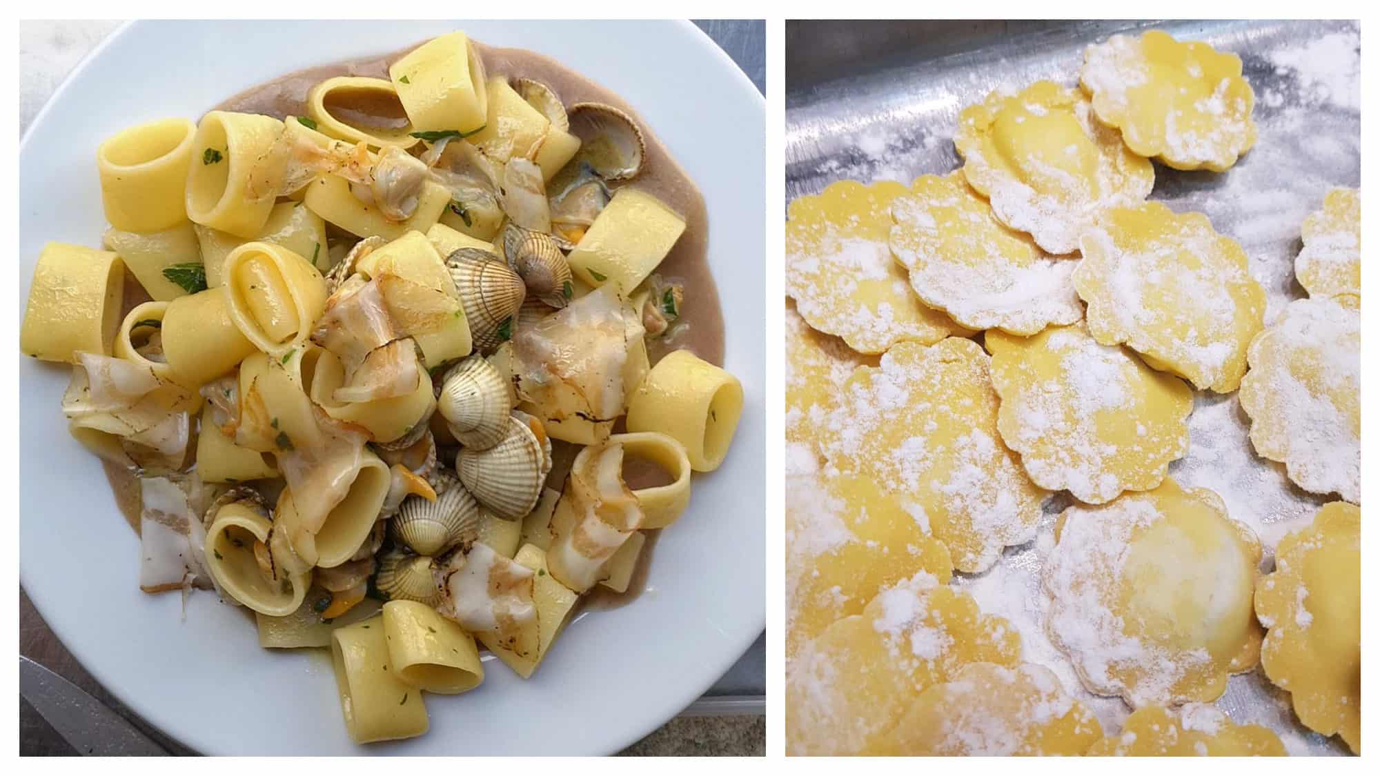 Mouth-watering hand-rollled clam and bacon pasta at Mimi Cave à Manger (left) and dry pasta being made at Manicaretti in Paris (right).