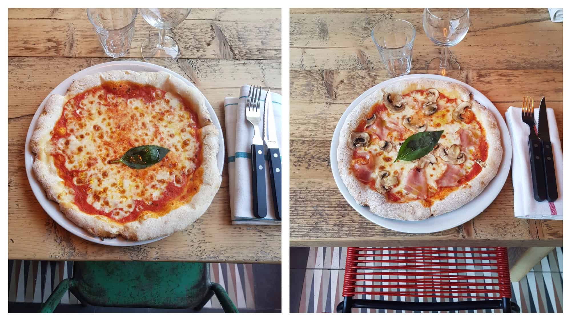 Two gluten-free pizzas, one a margherita (left) and one a ham and mushroom (right), set on a wooden table at Little Nonna.
