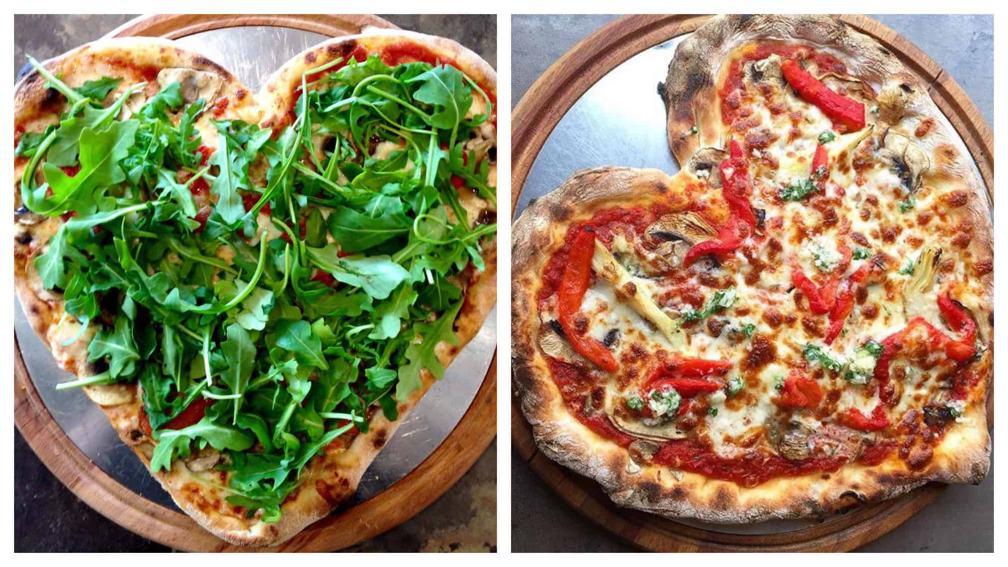 Heart-shaped gluten-free pizzas from Il Quadrifoglio in Paris. One has plenty of rocket leaves (left) and the other red peppers (right).