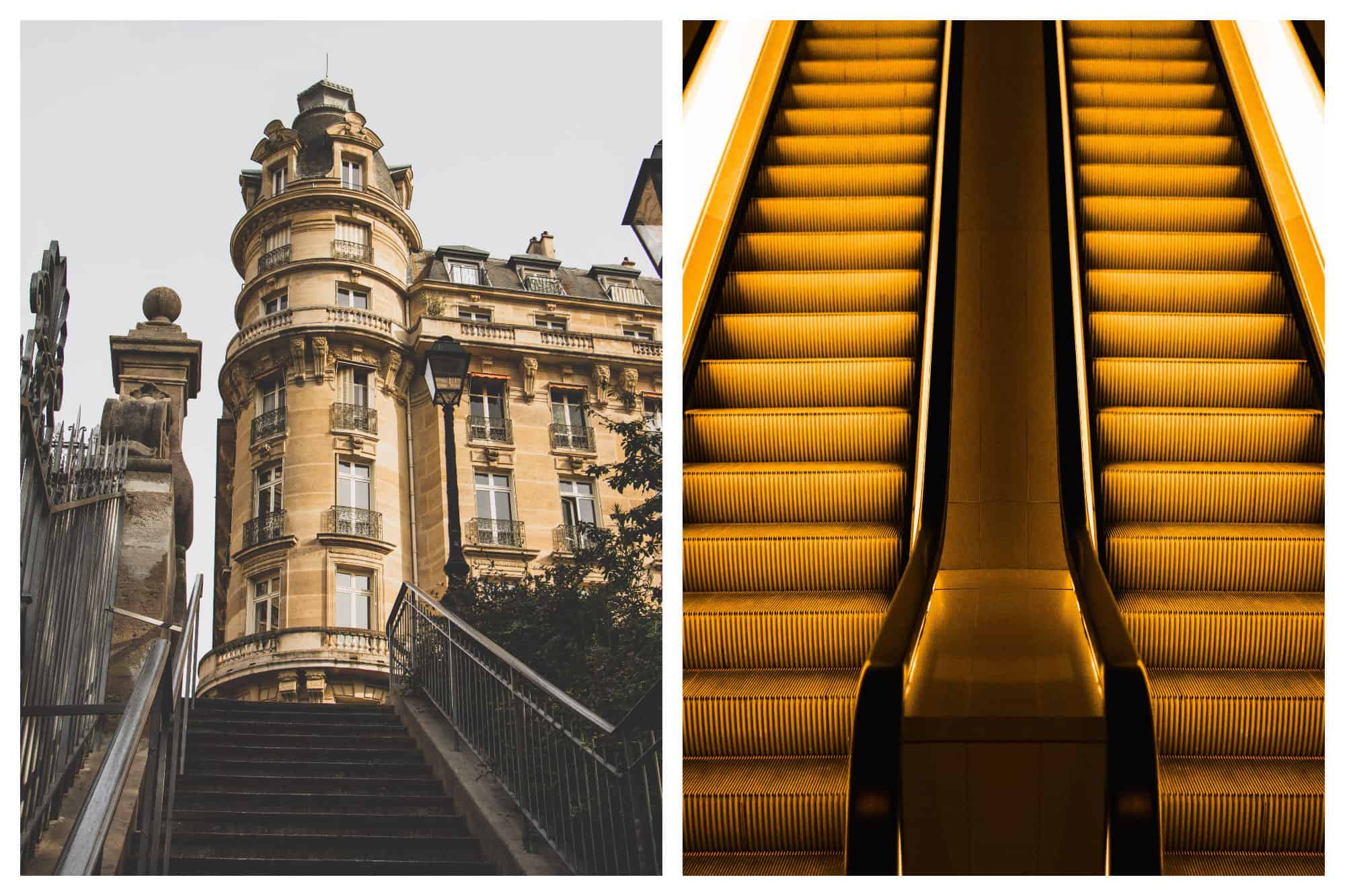 A view of an ornate honey colored building at the top of a flight of stone stairs (left). A pair of elevators under a bright yellow light (right).