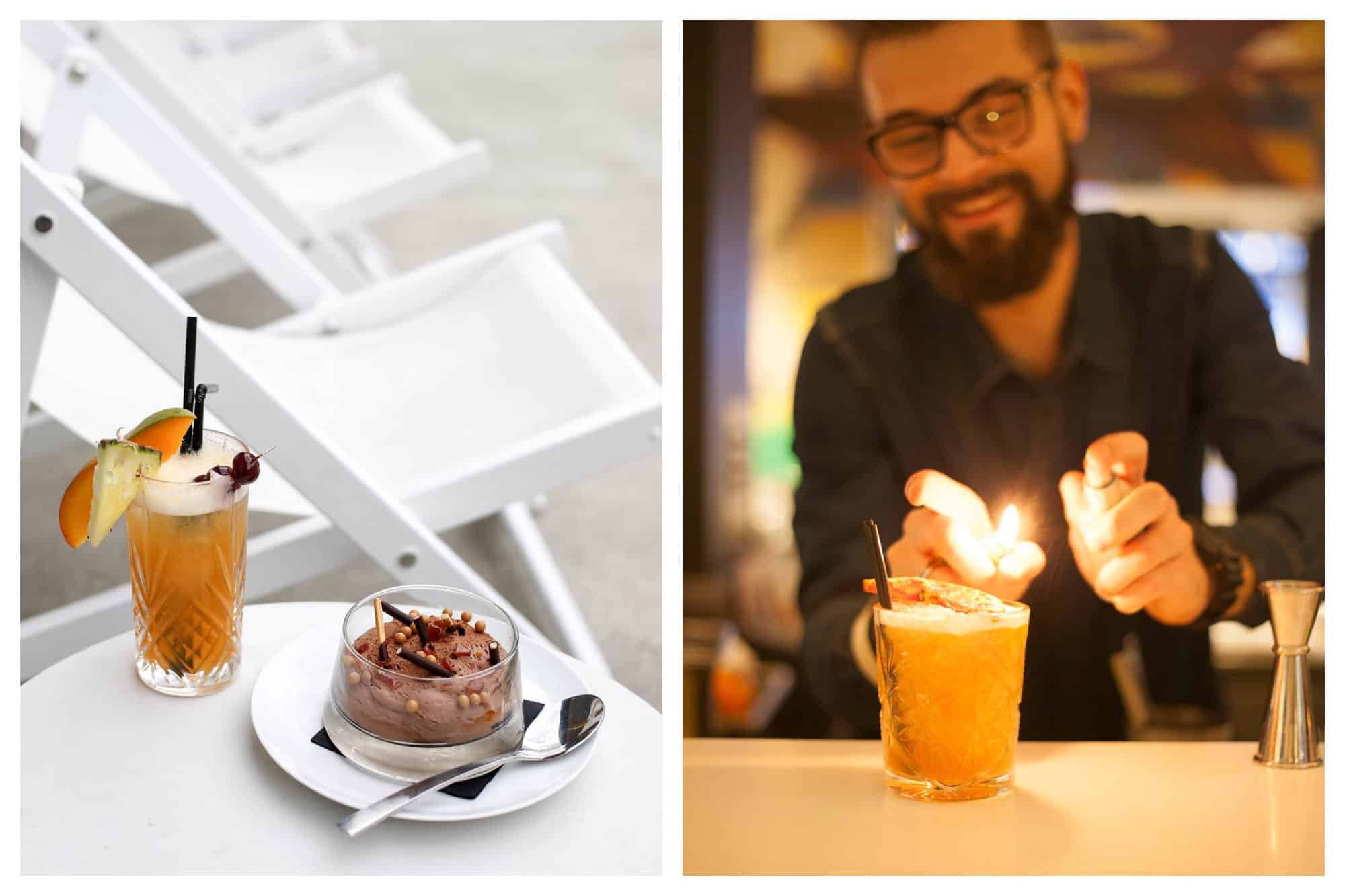 A cocktail and chocolate mousse dessert served by white deckchairs on the Molitor Hotel terrace in Paris (left) and the barman making a cocktail by lighting the top (right).