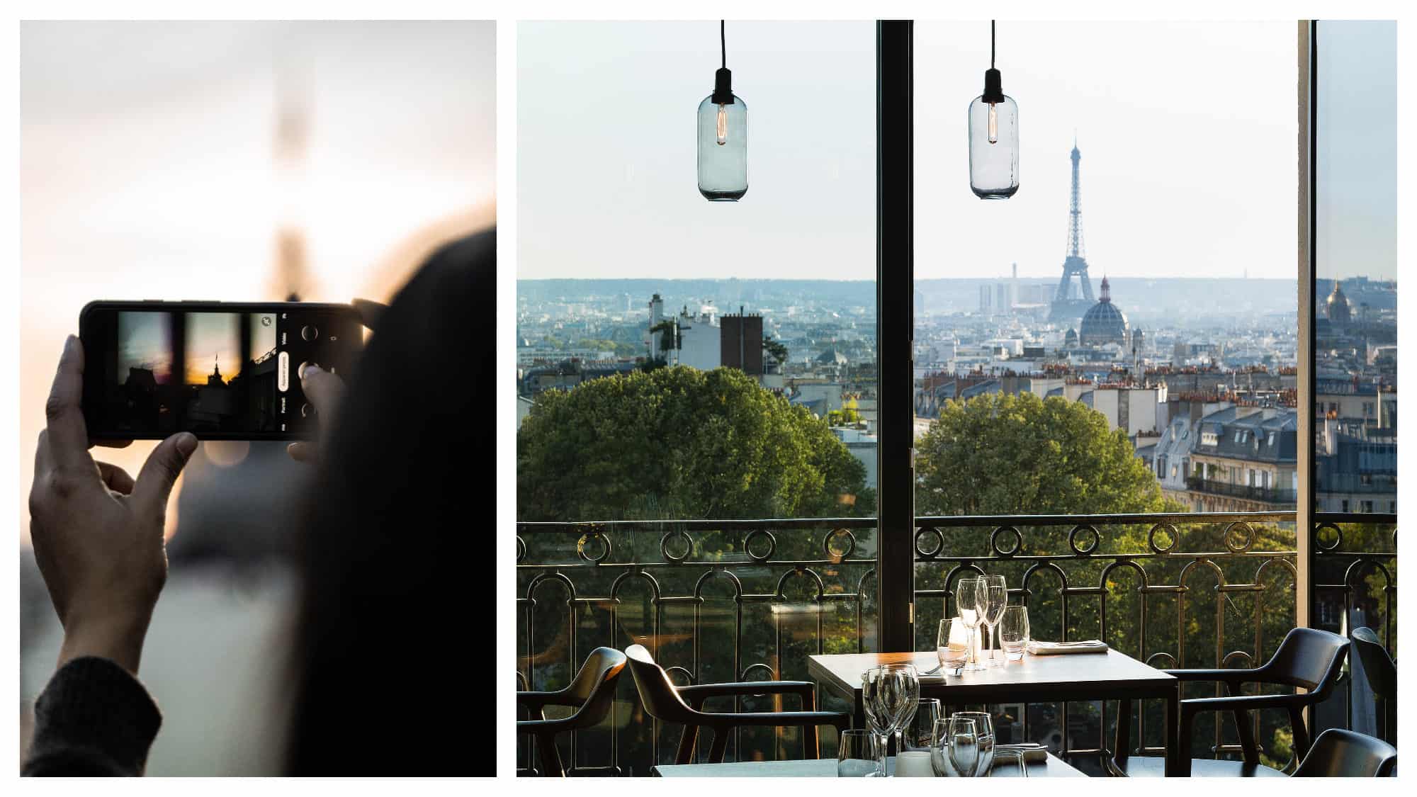 A woman taking a picture of a Paris view (left). The view of the Eiffel tower and the trees nearby from a table at the Terrass Hotel rooftop bar in Montmartre (right).