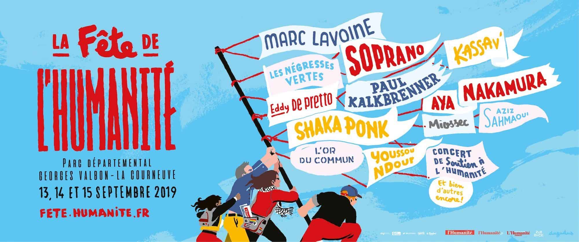 An illustrated poster for Fete de l'Humanité, showing people flying flags with the names of the musicians lined up to perform a the festival.