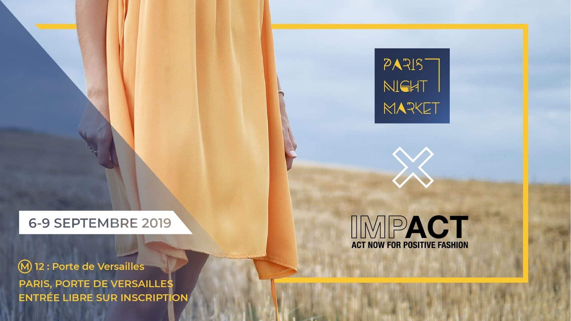 A poster for the event Paris Night Market x Impact at Porte de Versailles of a woman wearing an orange skirt in a field.