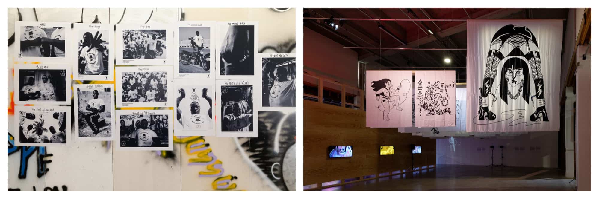 Black and white photos on a wall (left). Illustrations on large white sheets hanging at an exhibition space (right).