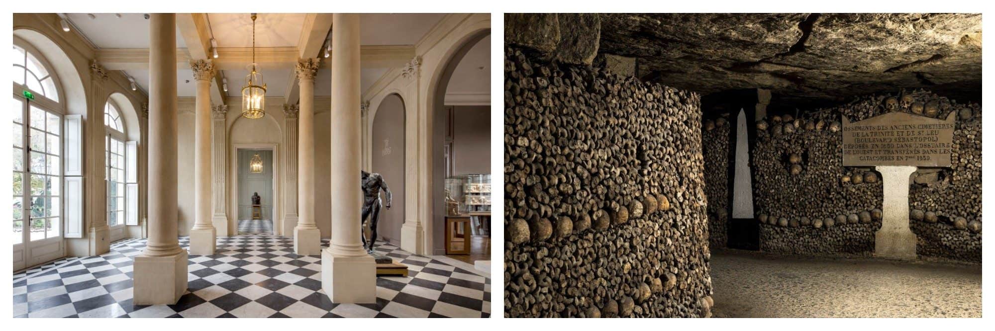 The interior of the Musée Rodin in Paris with pillars and black and white tiles. A wall of skulls and an plaque with an inscription at the catacombs in Paris.