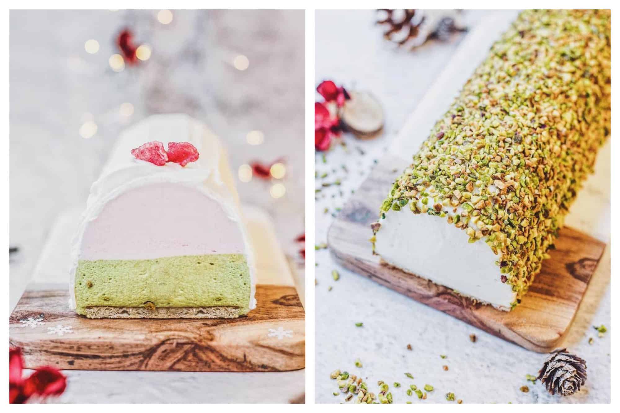 A strawberry and pistachio ice cream cake covered with crushed pistachios