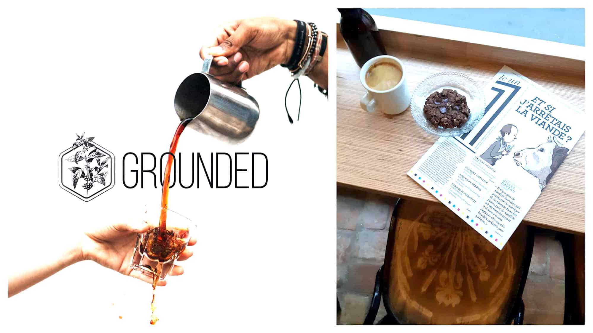A poster for 'Grounded' coffee shop in Paris with someone serving coffee and spilling it (left). A wooden bench-table with a cup of coffee, a cookie and an issue of 'Un', a French magazine at vegan coffee shop Grounded (right).