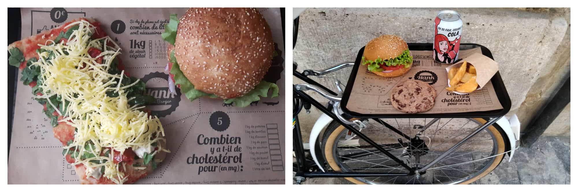 Hank's vegan cheese pizza-toast and burger (left) and a tray with a burger and fries, a cookie, and a canned soda on the back of a bike (right).
