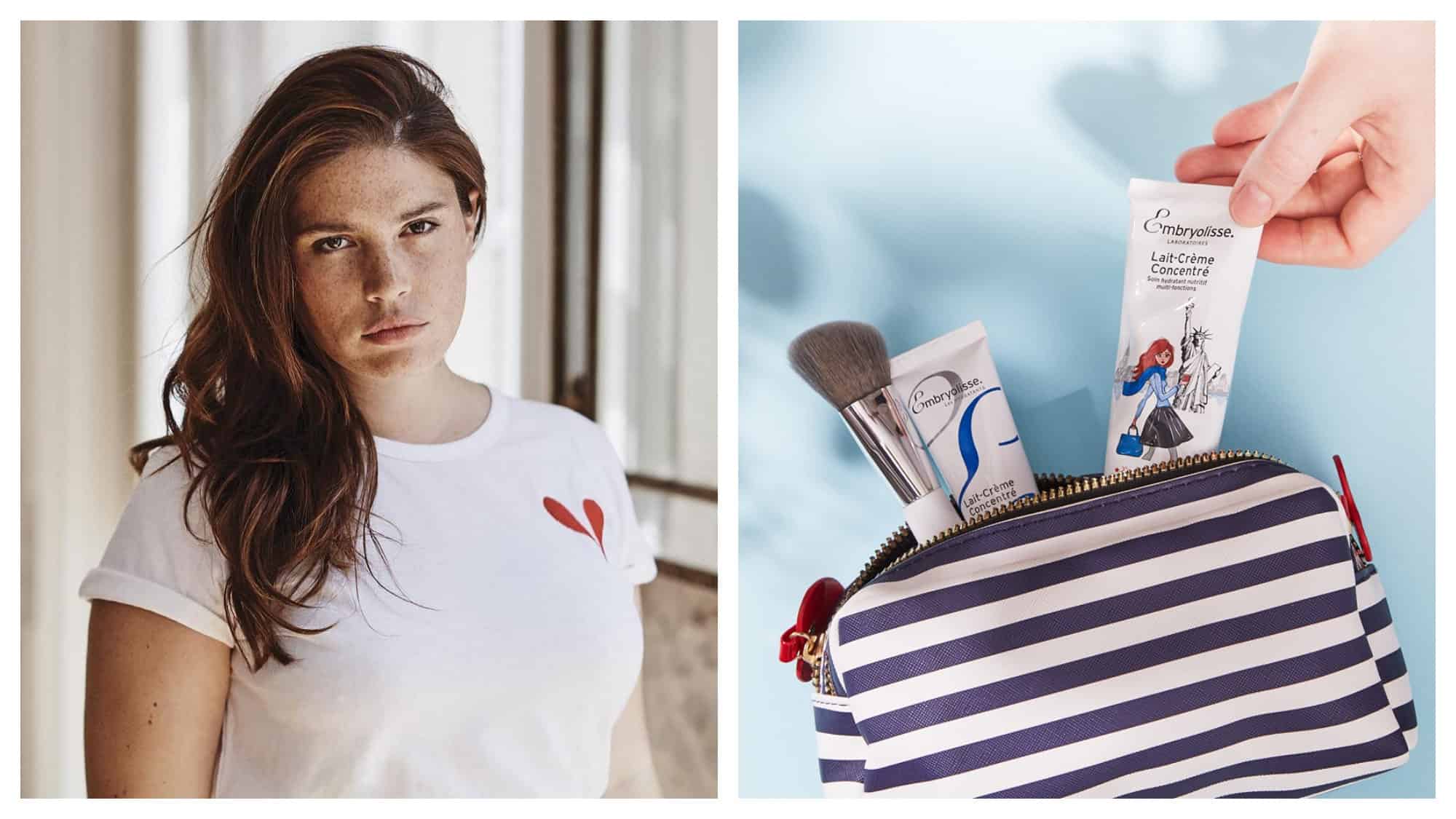 Girl with brown hair and white t-shirt with heart. Striped blue and white toiletry bag with makeup brush and Embryolisse cream