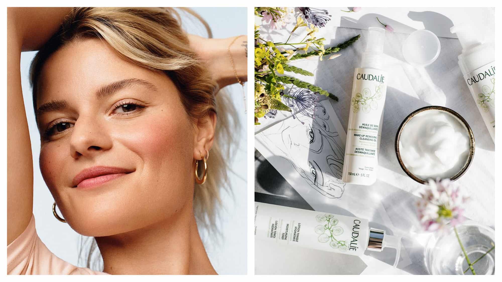Girl with blonde hair, gold earrings and glowing skin. Caudalie products surrounded by flowers