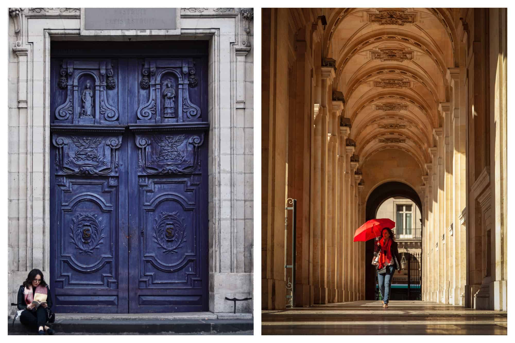 A beautifully carved wooden blue door with a woman sitting on the step reading (left). The arches surrounding the Jardin du Palais Royal with sunshine filtering through and a woman walks holding up a red umbrella (right).