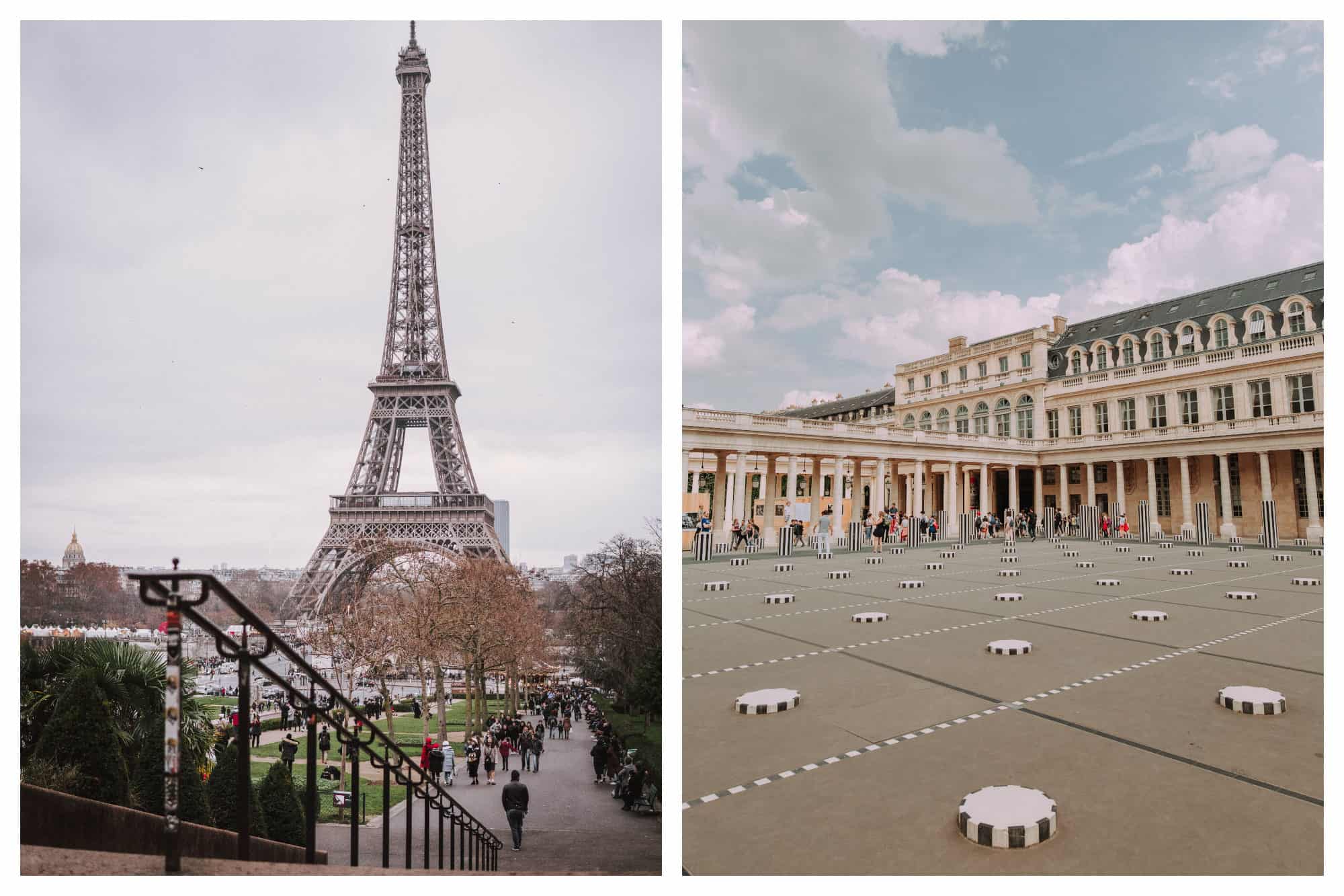 A view of the Eiffel Tower under gray skies in winter (left). Buren's columns art installation in the Jardin du Palais Royal (right).