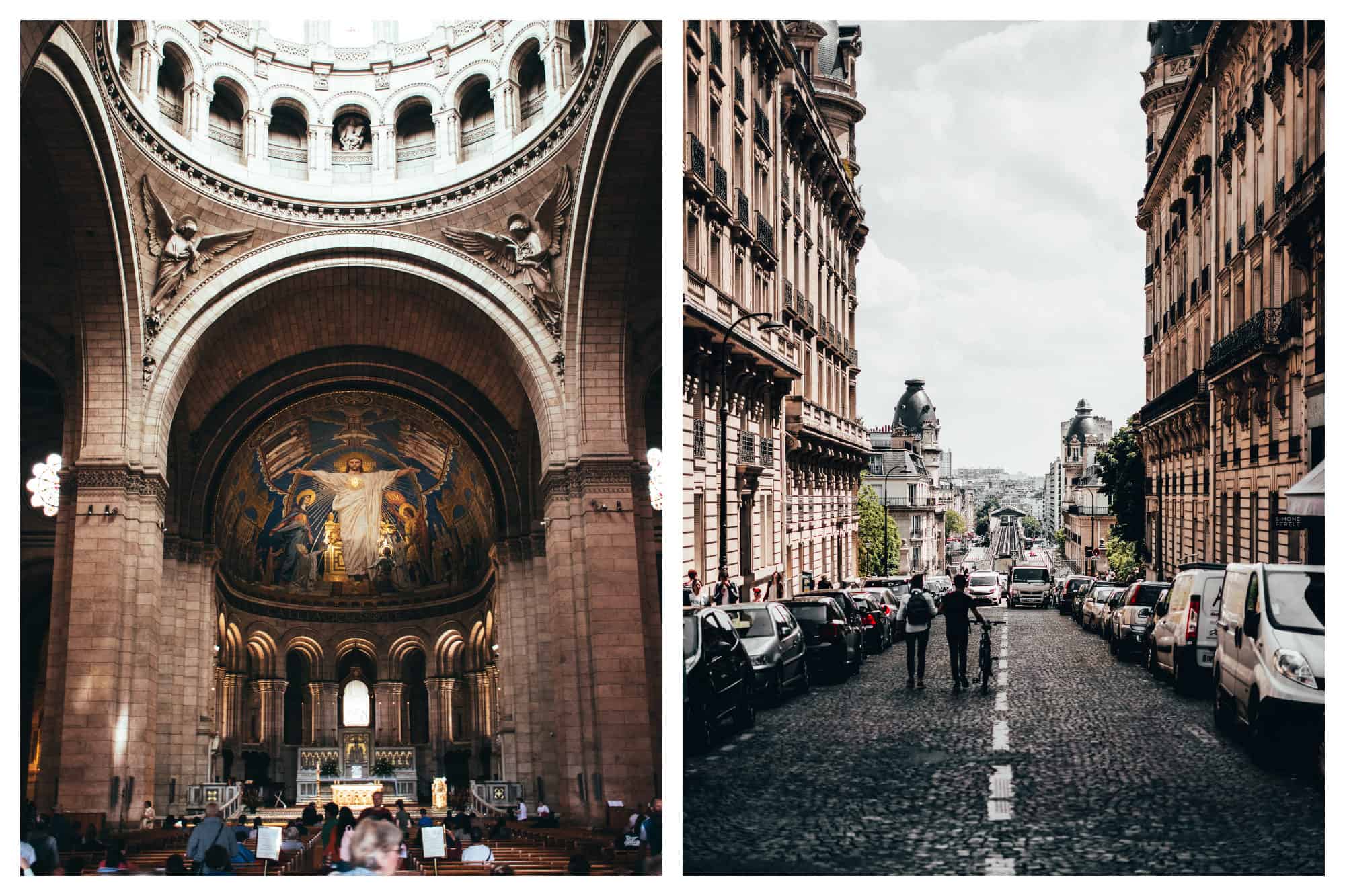 Inside a Paris church with a fresco of Jesus painted on the entire back wall (left). Cobblestone streets of Paris and two people walking along (right).