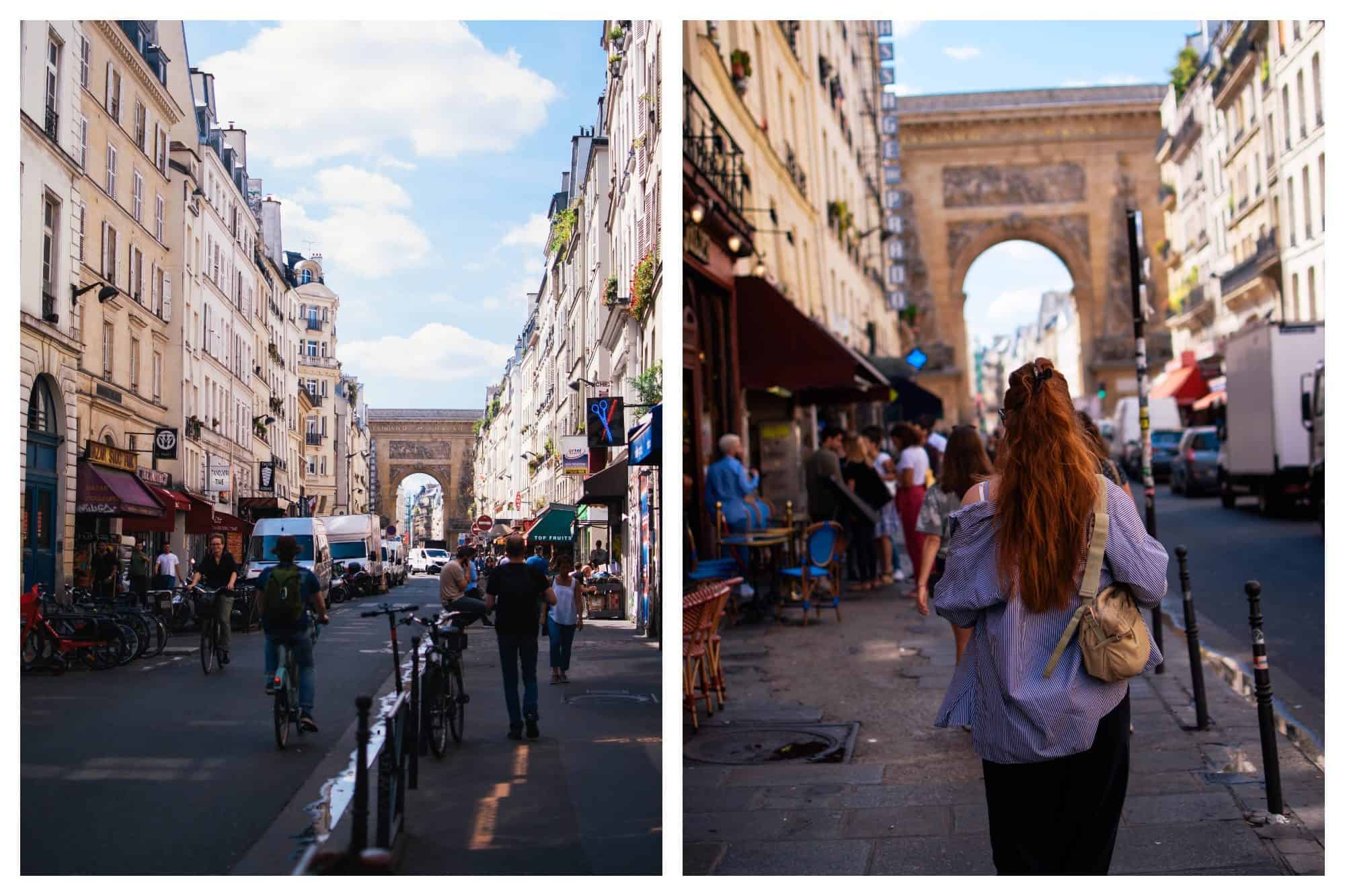Street scene from the Faubourg Saint Denis (left) with the stone arch, formerly one of the doors of the city and a girl seen from the back with long red hair walking along the street (right).
