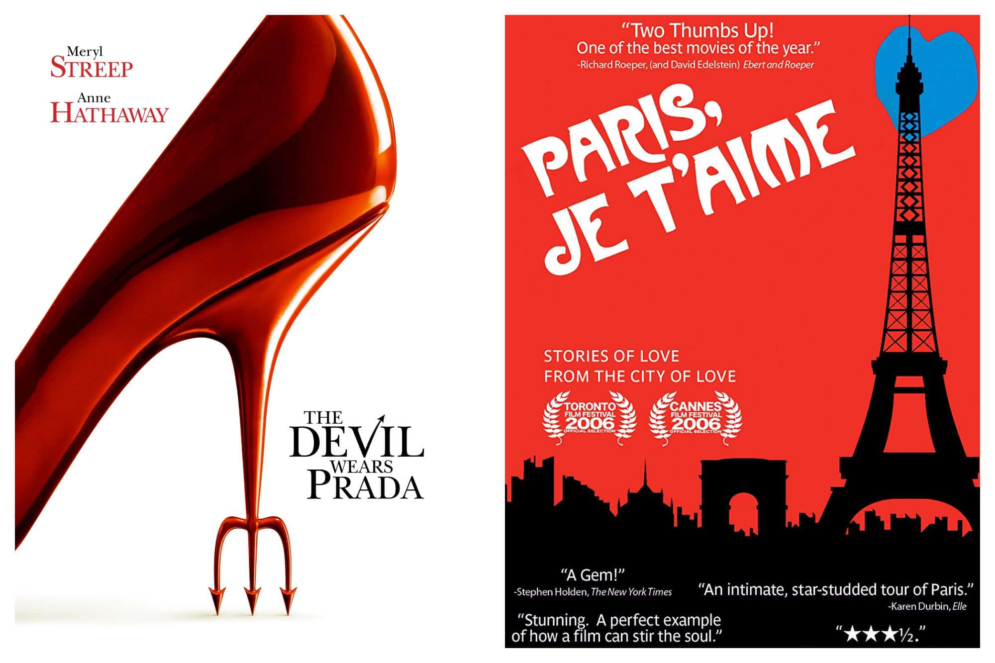 A poster for the movie "The Devil Wears Prada" (left) and a poster for the collection of short films "Paris, Je t'Aime."