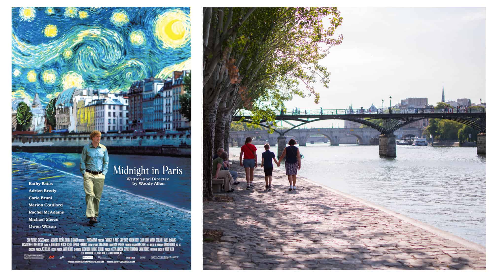A poster for the movie "Midnight in Paris" (left). Three people strolling along the cobblestone banks of the River Seine in the sun (right).