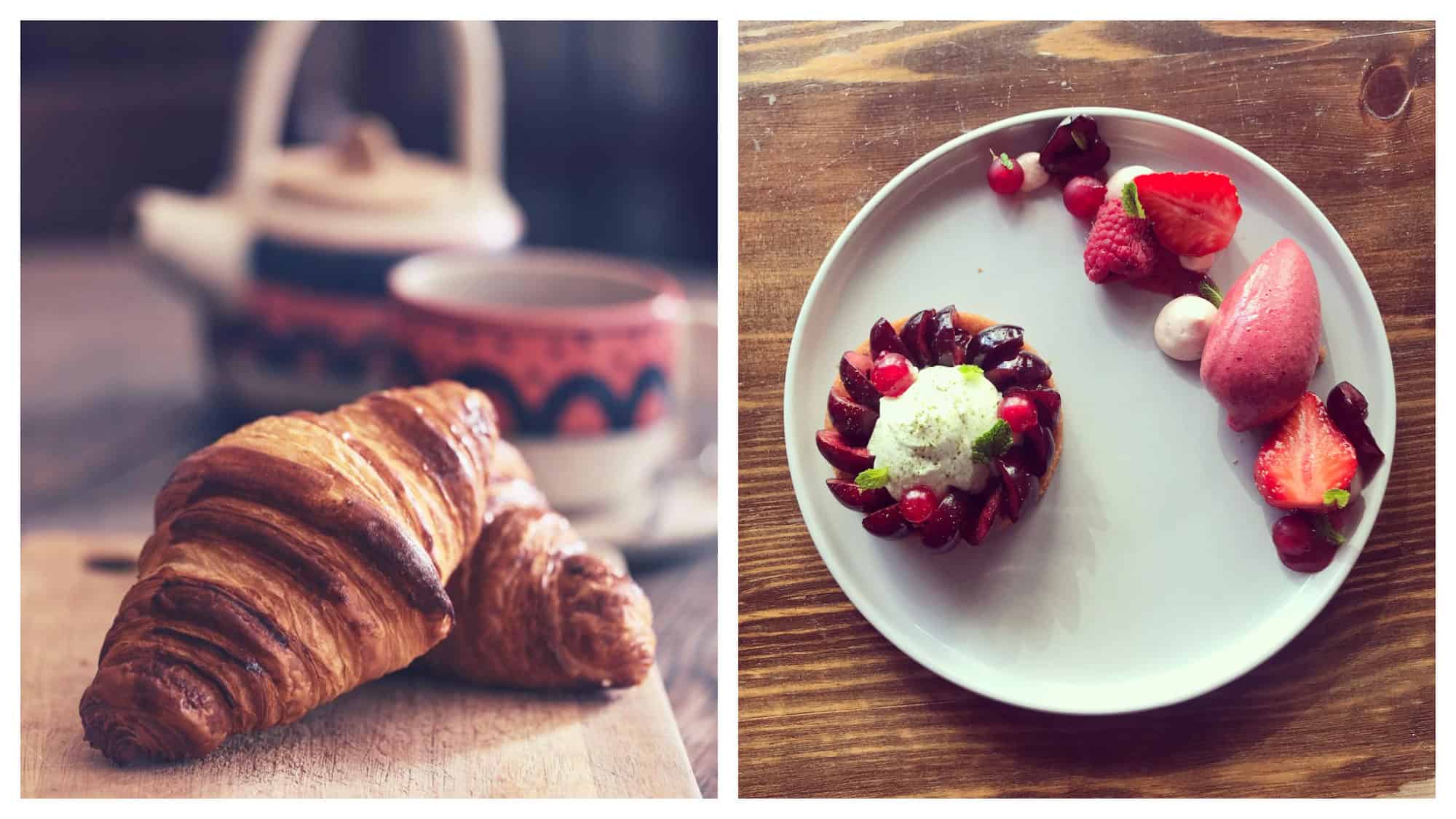 Café Mirabelle is a top spot for coffee and cake in Paris, especially its crusty croissants (left) and fruit meringue tarts (right).