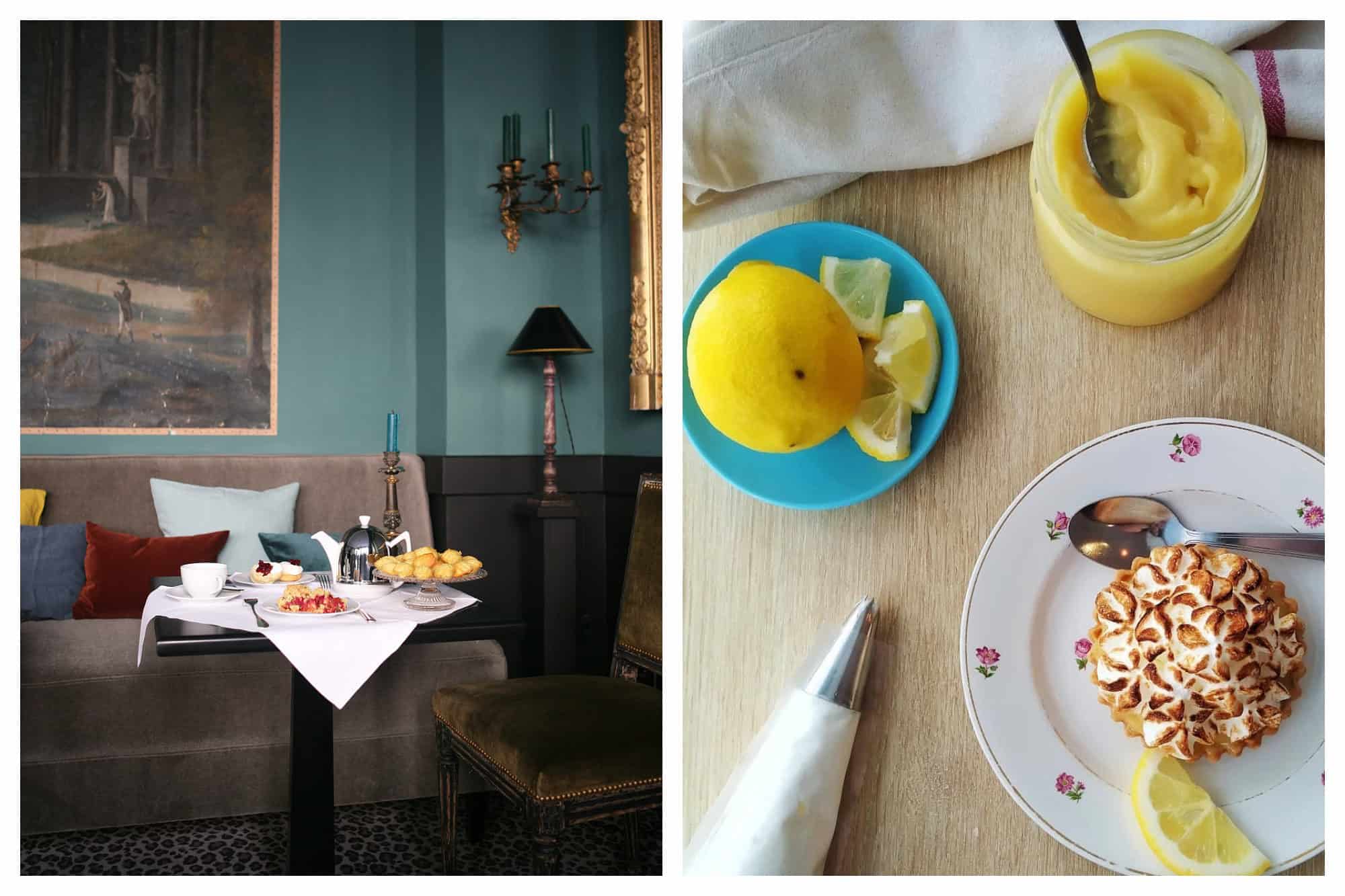 MIss Marple is a cozy spot for coffee and cake with its grey velvet couches and blue walls (left) as well as a Café CC for its lemon curd tart (right).