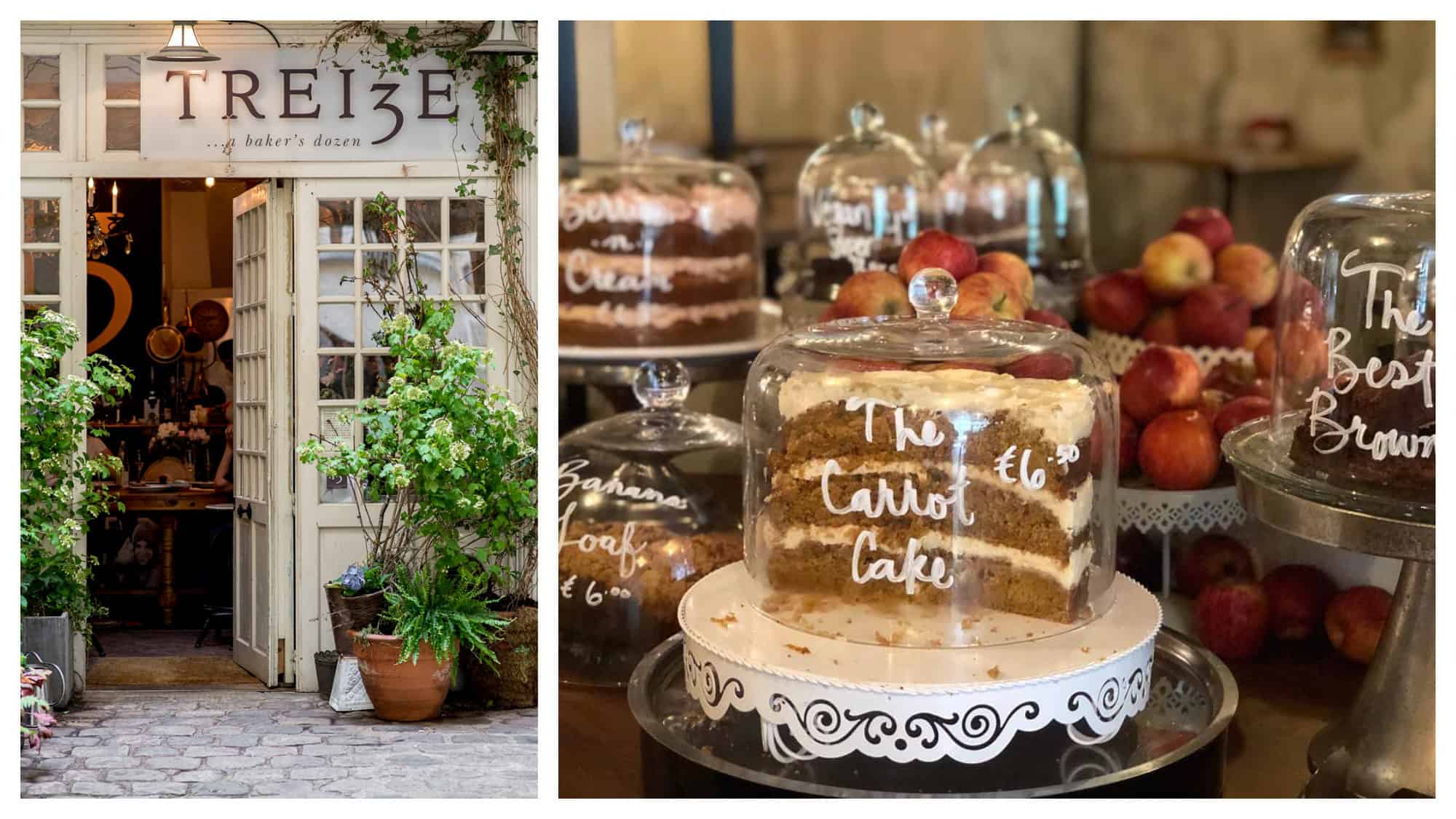 The doorway to the old location of Treize bakery (left) and its delicious cakes like carrot cake under glass bells (right).