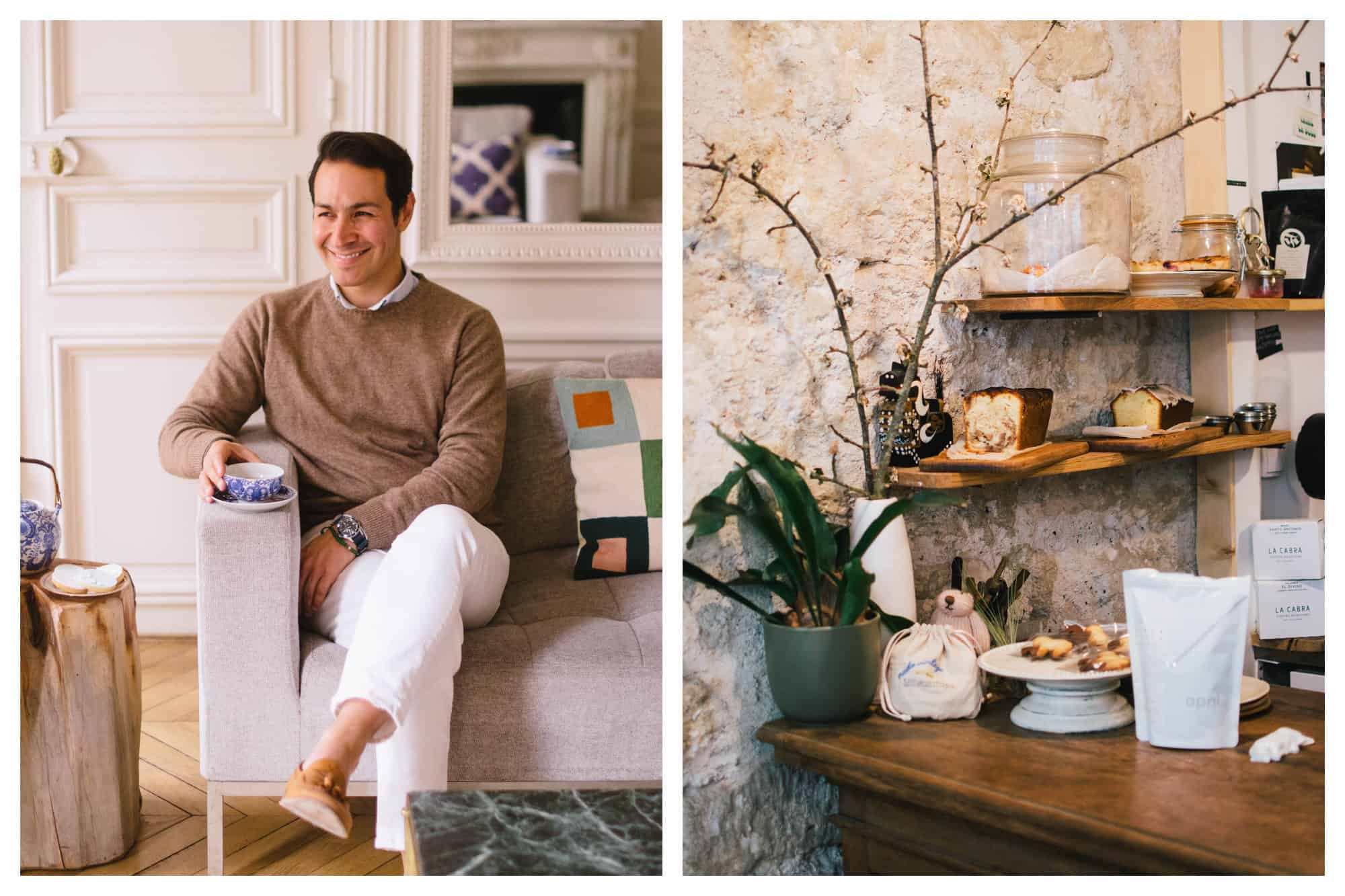 Frank sitting on his couch with a cup of tea (left). The counter at one of Frank's favorite Paris cafés full of cakes and teas (right).