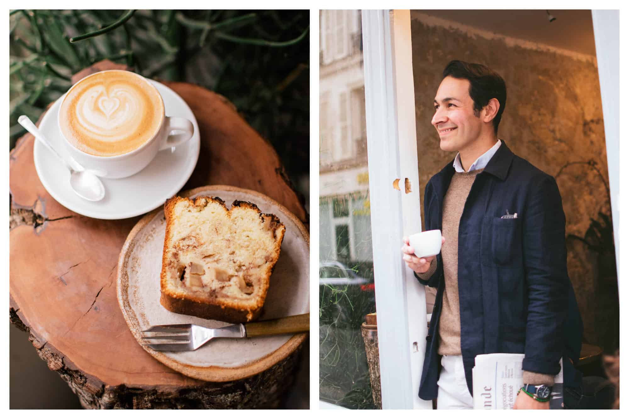 A slice of one of Frank Cakeboy's cakes beside a frothy cappuccino (left). Frank standing in a café doorway smiling with a cup of coffee in hand (right).