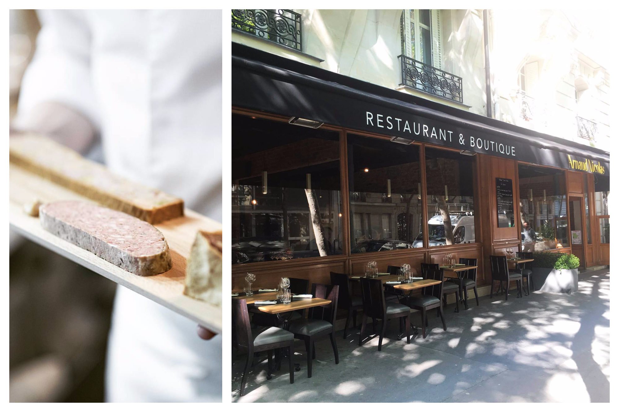 A slab of homemade terrine (left) and the outdoor terrace seating in the sunshine (right) at Arnaud Nicolas' restaurant near the Eiffel Tower in Paris.