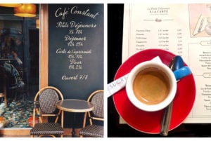 The outside of Cafe Constant in Paris and a cup of coffe sat upon a French menue.