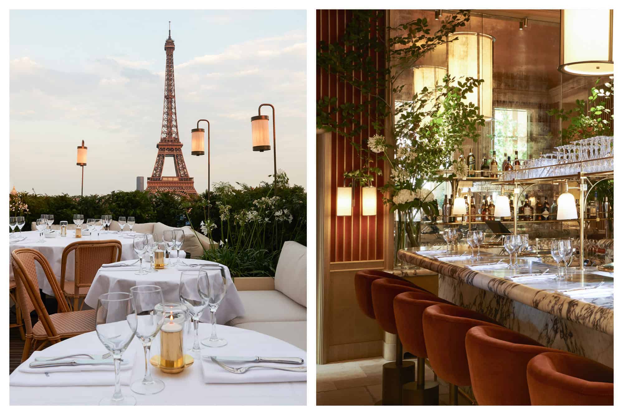 Tables dressed in crisp white tablecloths with an Eiffel Tower backdrop (left) and the gorgeous glamorous marble interiors (right) of Girafe restaurant in Paris.