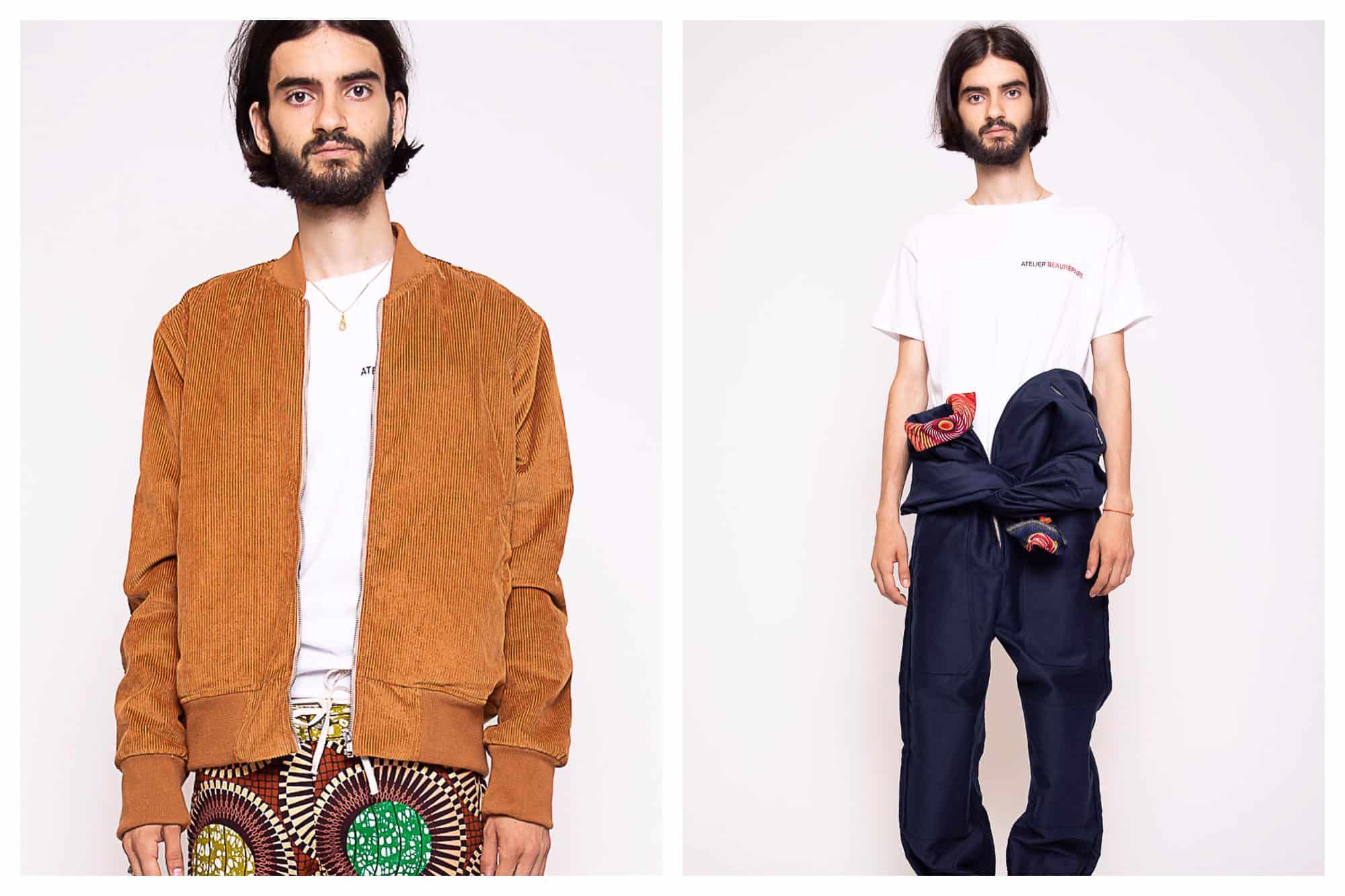 A male model wearing an orange bomber jacket and Africana print trousers (left) and a white t-whirt and jeans (right) from French menswear brand Atelier Beaurepaire.