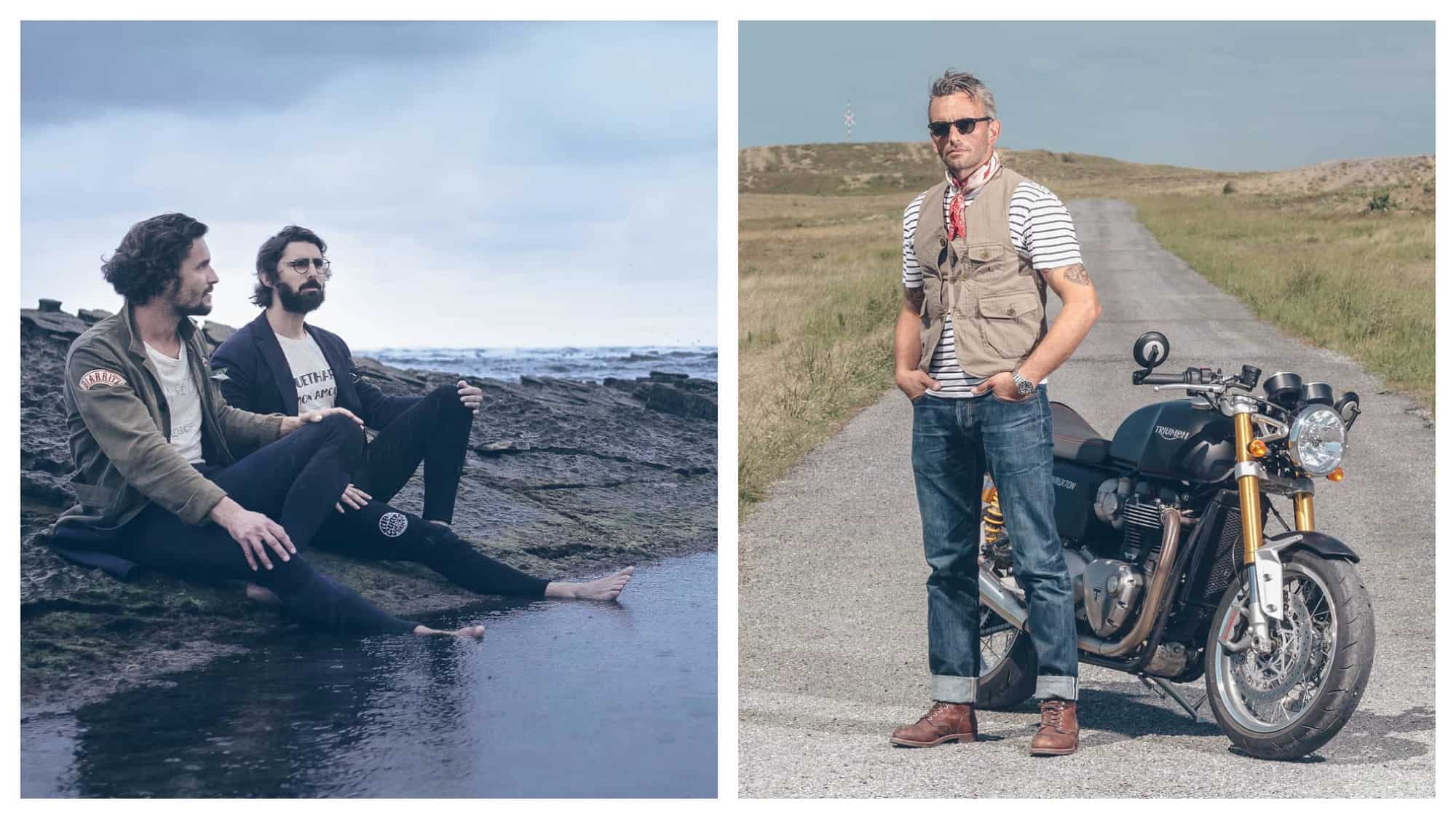 Two male models sat with their feet in the sea, wearing jackets and tight blue jeans (left) and a man standing by his motorbike in the middle of the road wearing blue jeans, a khaki waistcoat and red necktie (right) from French menswear brand L'Egoïste. 