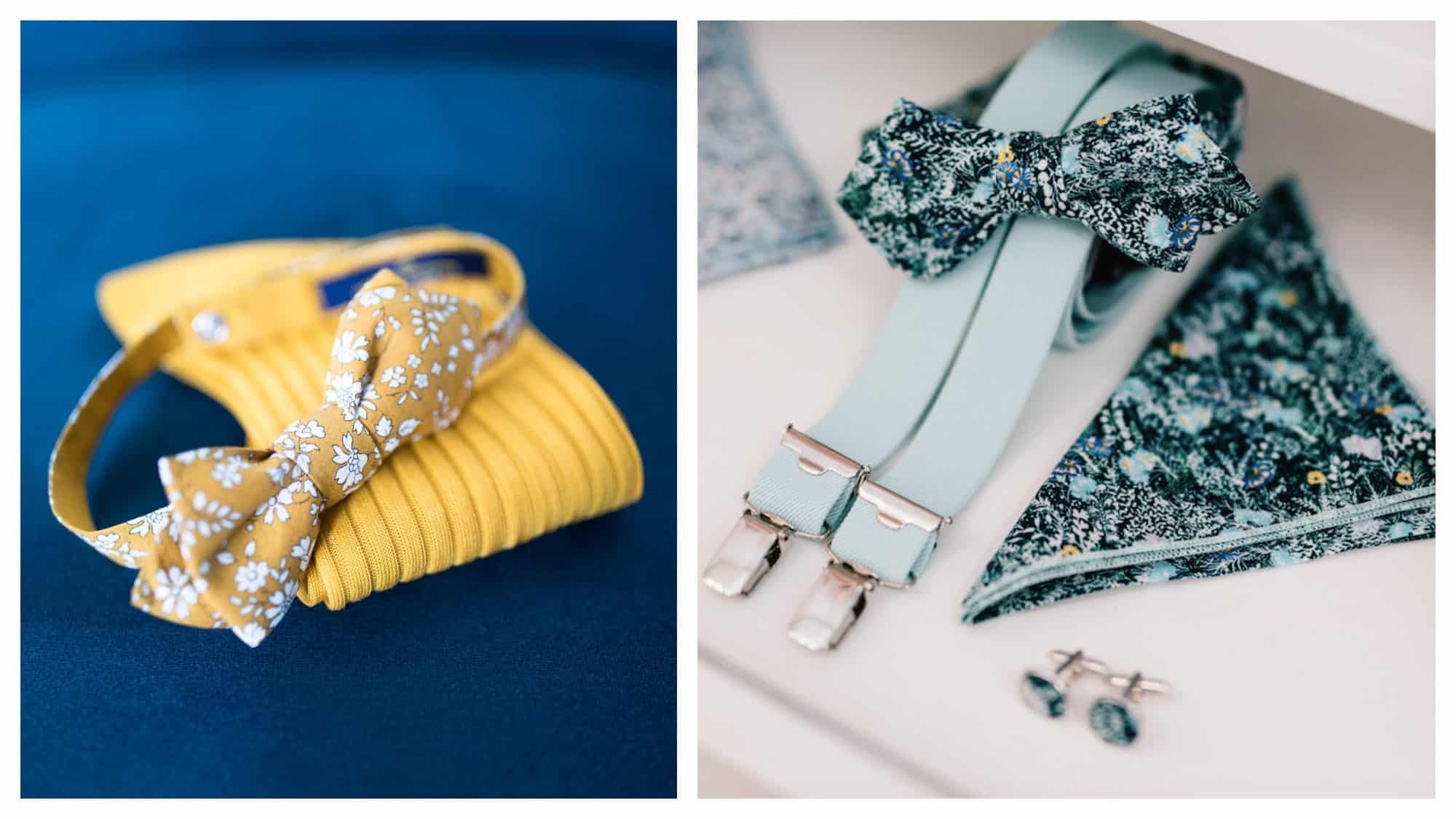 A yellow flower-print bow tie and matching socks on a blue background (left) and mint-green braces, and matching bow tie, cufflinks and handkerchief (right) from French menswear brand Le Colonel Moutarde. 