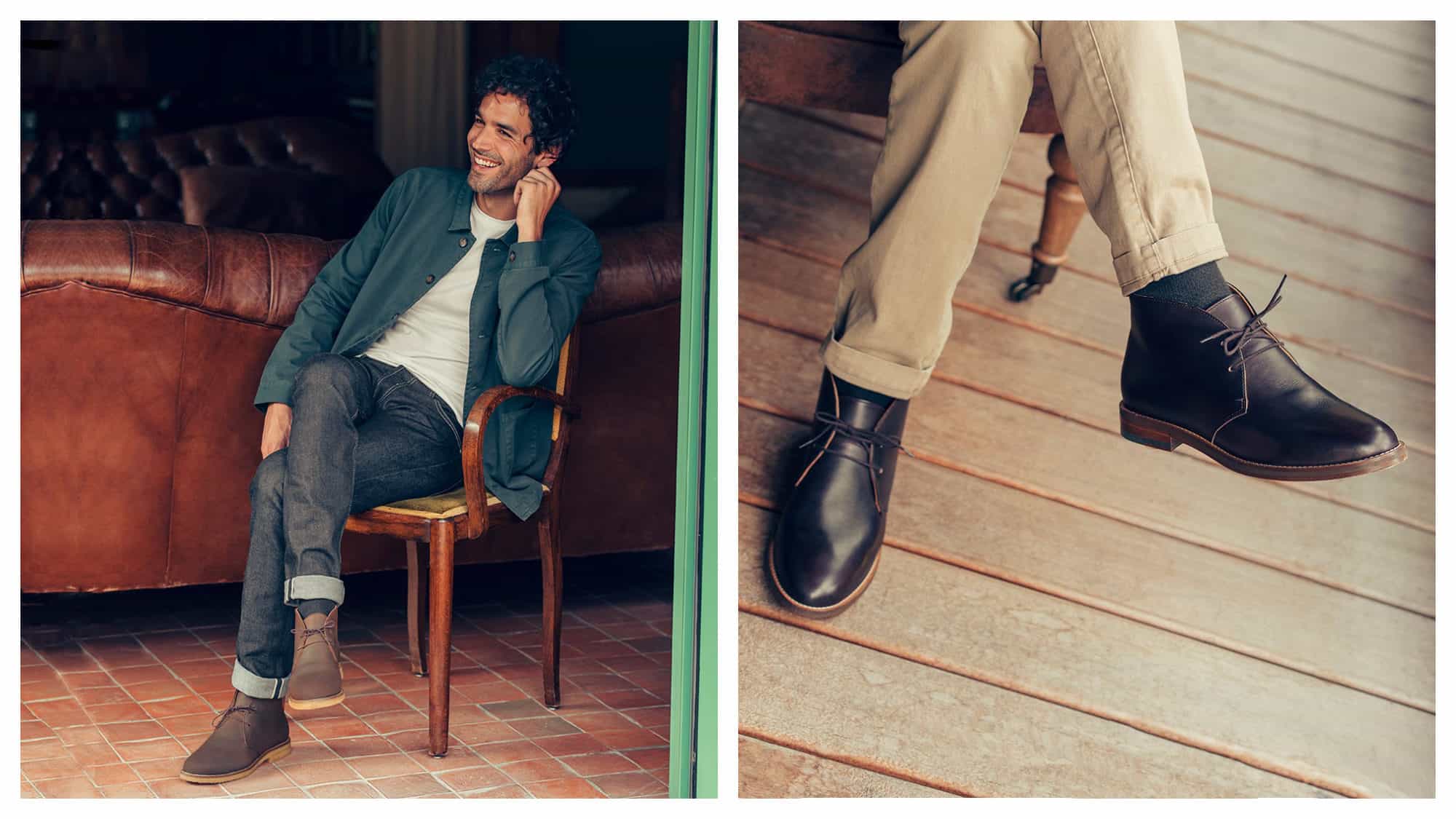 A male model sat on a wooden chair wearing a green shirt, white t-shirt, jeans and boots (left) and a shot of a man's legs and his black boots (right) from French shoe brand Pied de Biche.