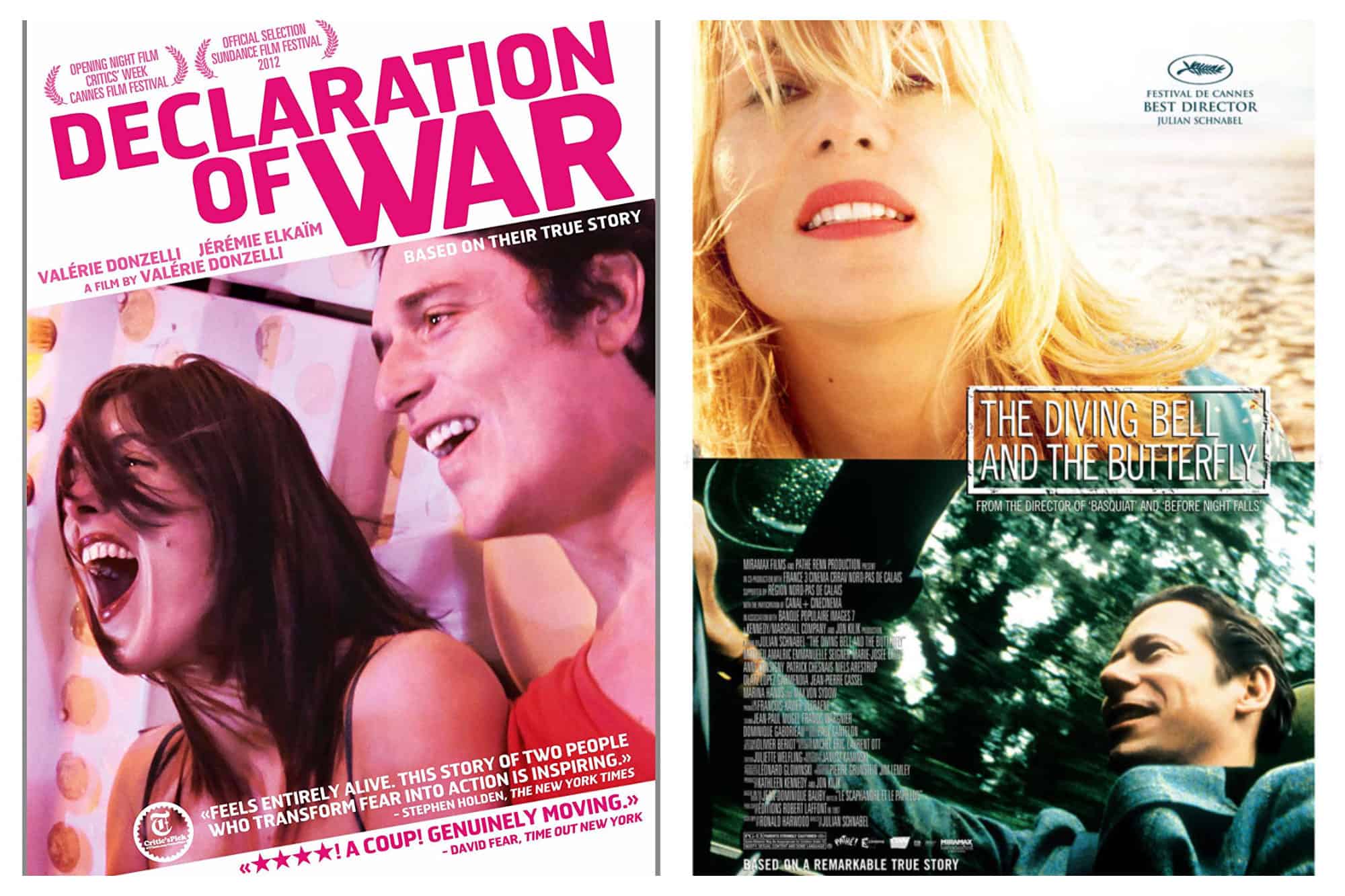 A poster for the French Netflix movie 'Declaration of War' with a man and woman on a fairground ride (left). The poster for the movie 'The Diving Bell and the Butterfly', with a blonde woman in the top half of the poster and man wiling, driving on the bottom (right).