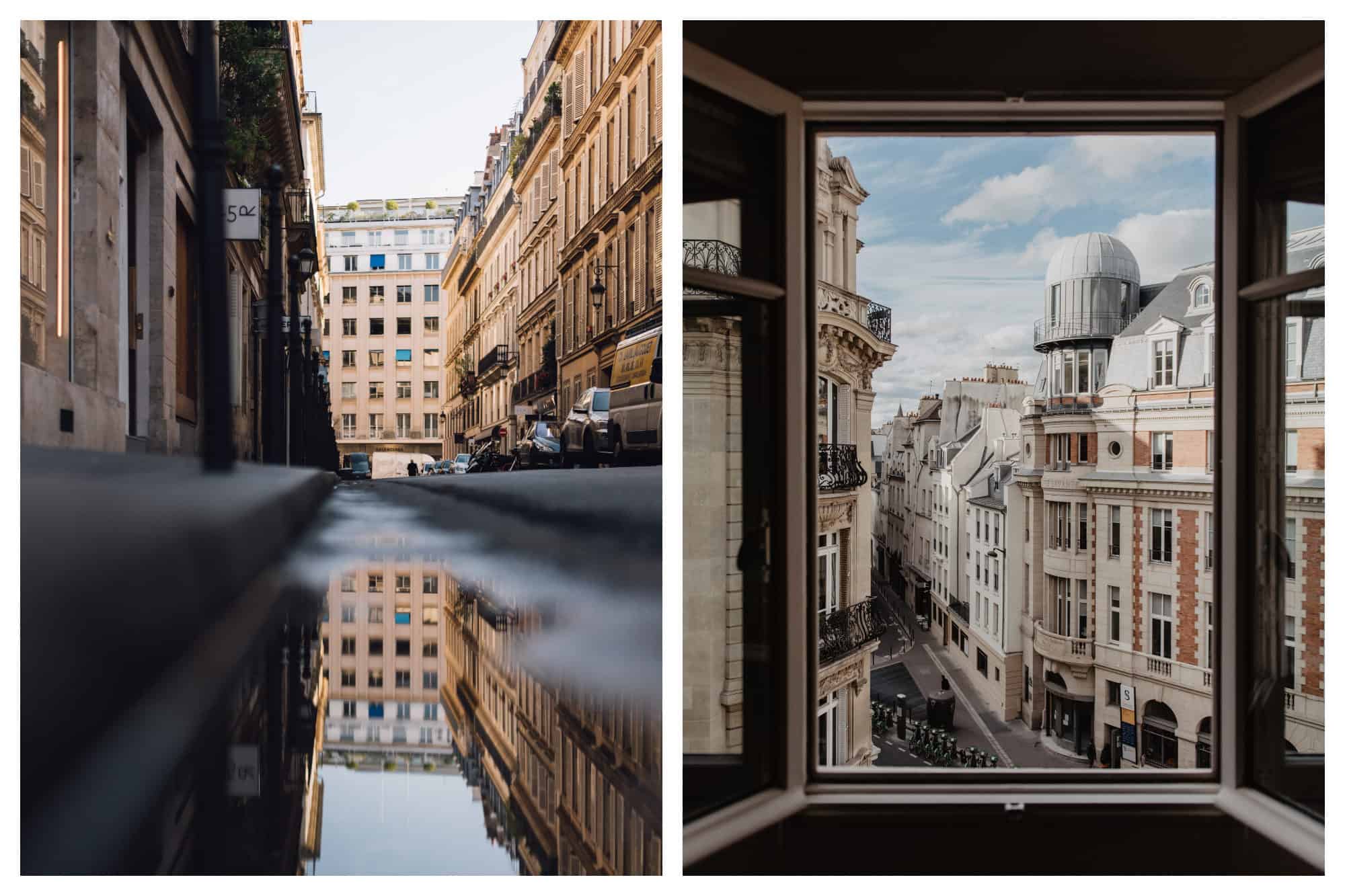 The reflection of a Parisian stone building in a puddle (left). The view of a street lined by honey-colored stone buildings in Paris through an open window (right).