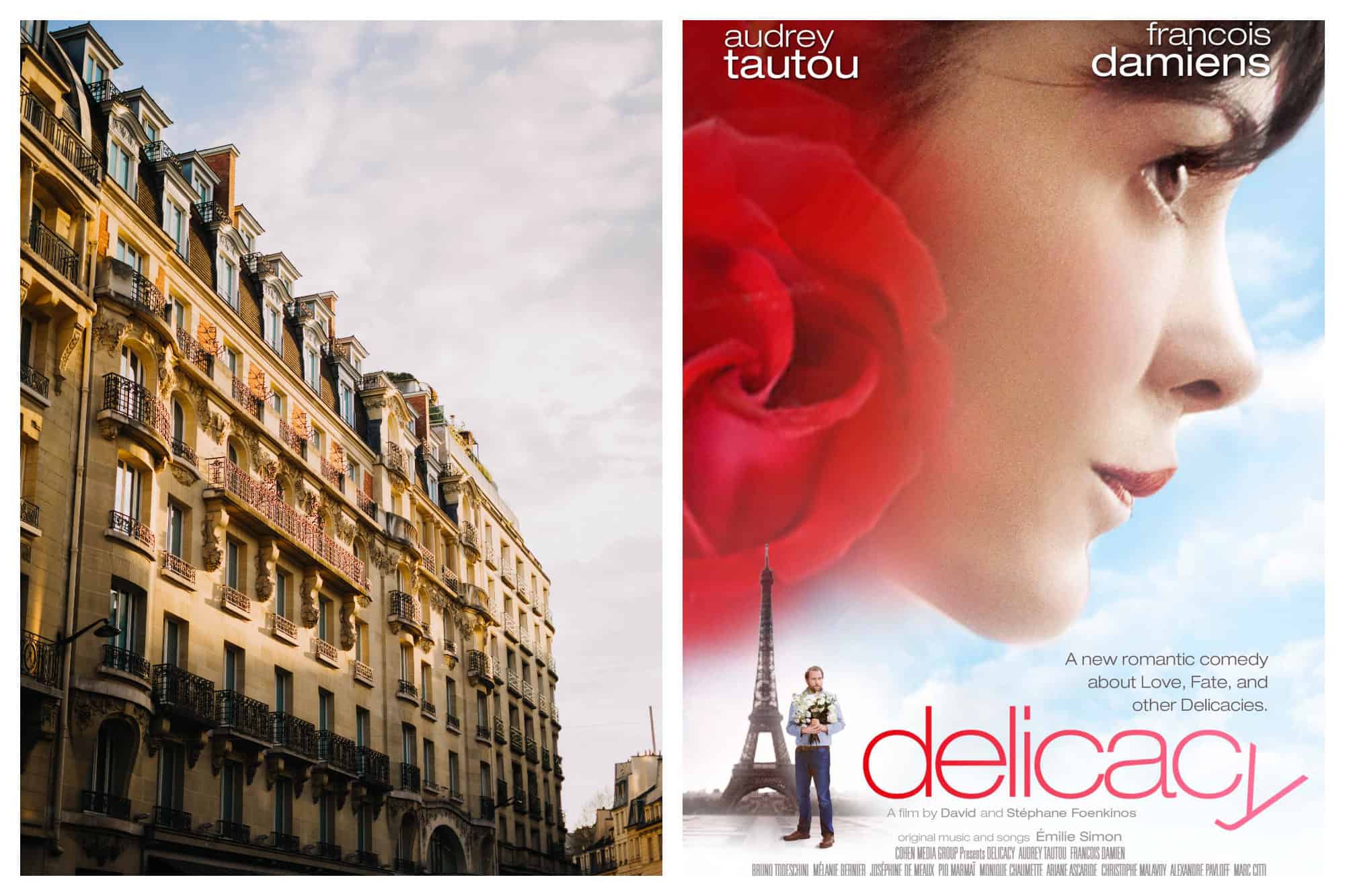 The sunshine hitting a stone building in Paris (left). A poster for the French Netflix movie 'Delicacy' with a photo of Audrey Tautou and the Eiffel Tower  (right).