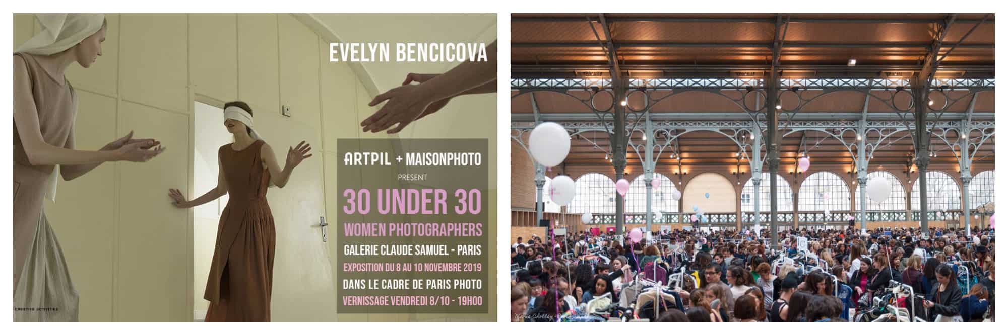 A poster for a photography event in Paris this November (left) and inside a fashion flea market at the Carreau du Temple in the Marais (right).