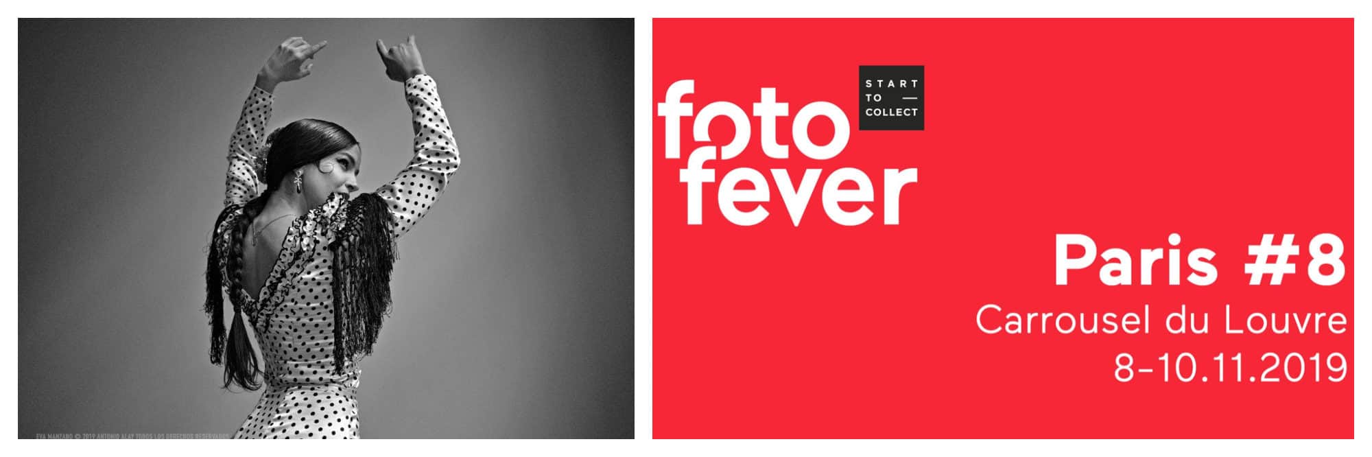 A black and white photo of a flamenco dancer with her arms raised from Paris Photo fair this November (left) and a rest poster for Fotofever (right).