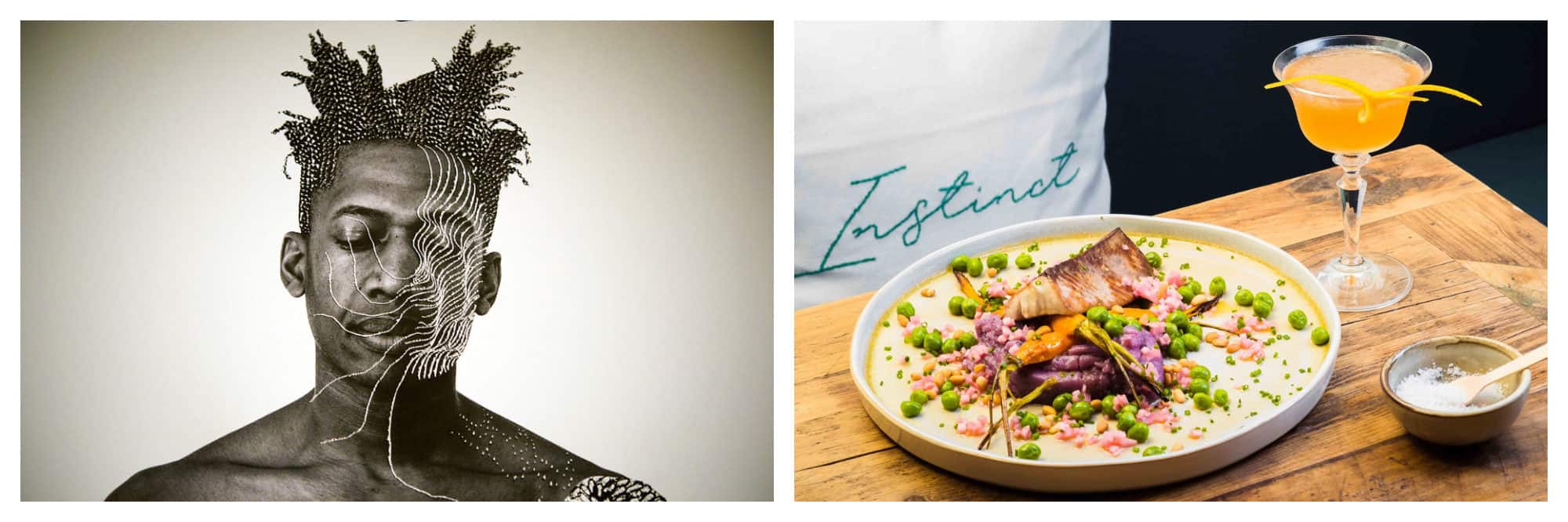 A black and white photo of a black man with his a spider's web drawn in top from Paris Photo event (left). A plate of food at the Paris Cocktail Festival (right).