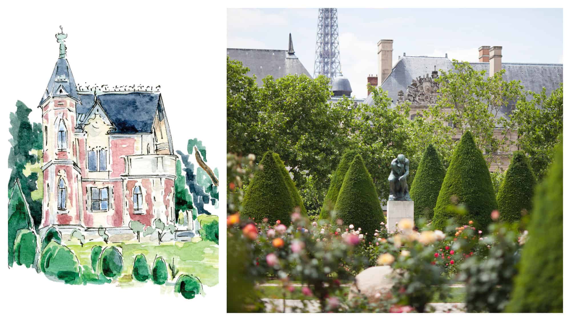 A sketch of the Monte Cristo chateau, Alexandre Dumas' home, now a museum, from illustrator Emma Jacobs' book Little(r) Museums of Paris (left). The Rodin Museum gardens with The Thinker sculpture among the trees (right).